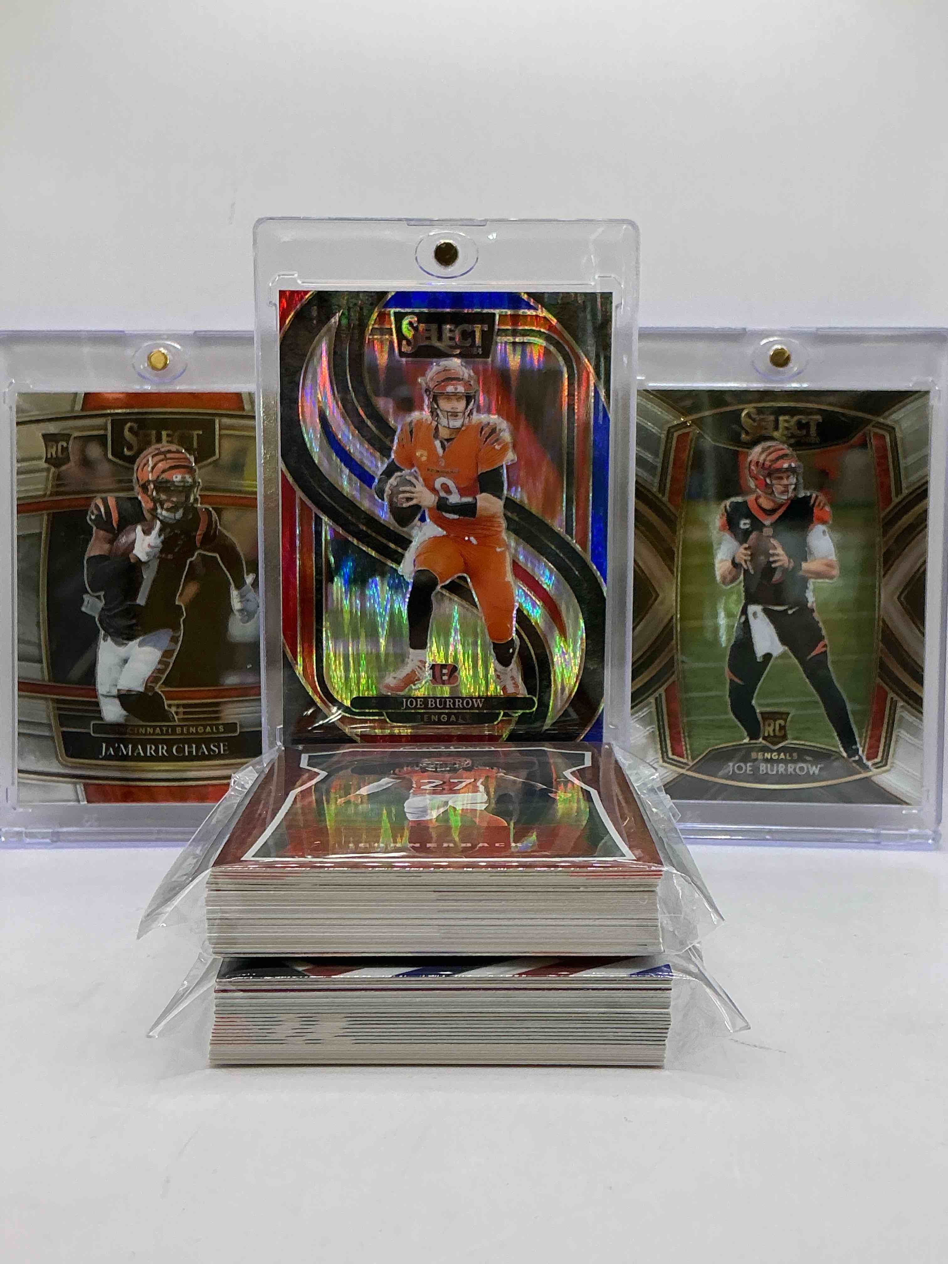 Bengals Bonanza! Burrow Shock Select, Burrow Select Rookie & Chase Select Rookie! WOW! Crazy Trio! Cincy Special! The Perfect Gift For Any Bengals Fan! This 50 Card Lot Includes Commons, Legends, Heroes & More!