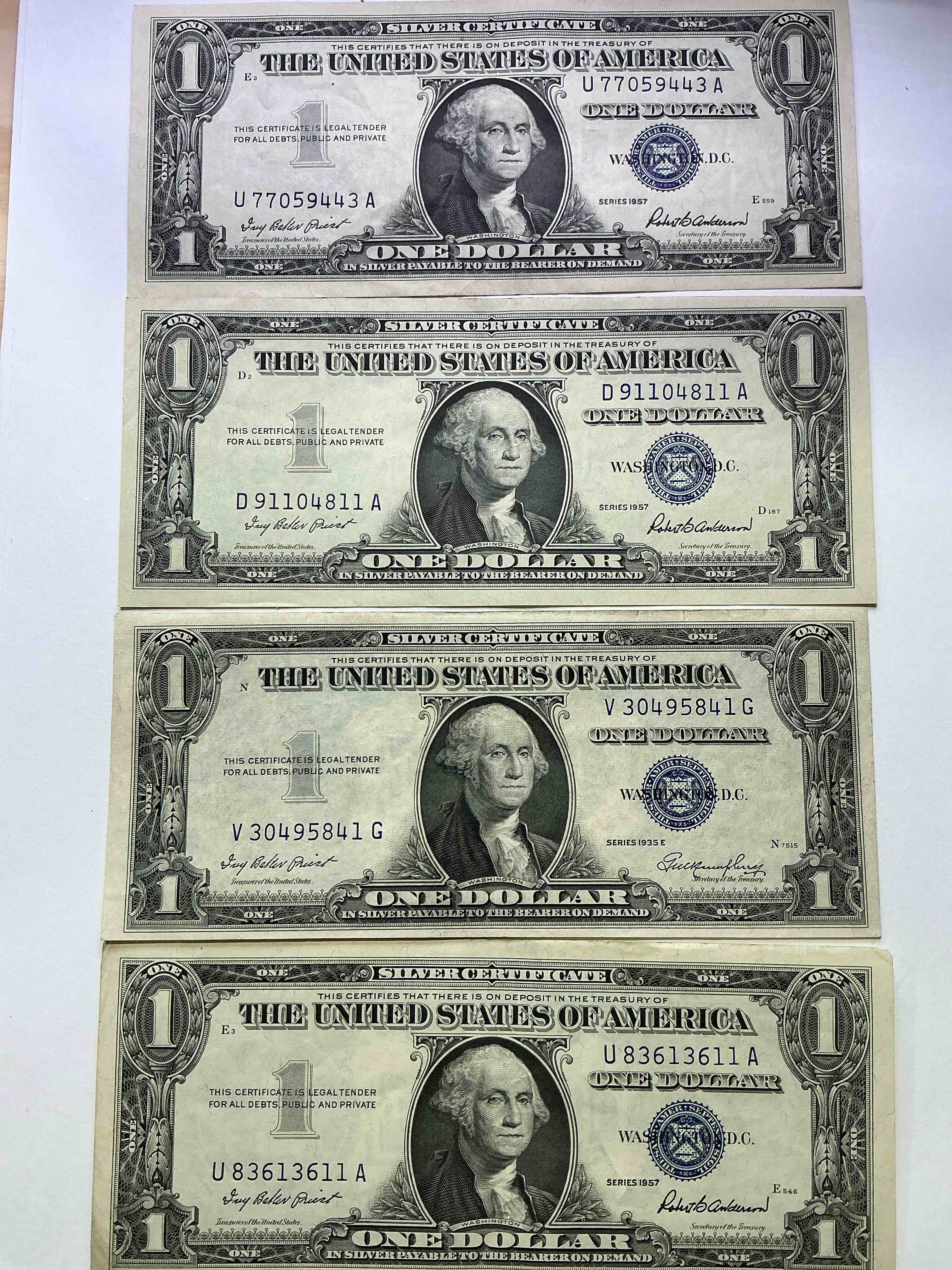 1957 Series Silver Certificates! Did You Know That Prior To 1964 One Dollar U.S. Paper Money Was Actually Redeemable For Silver Dollars?! Wow How Times Have Changed! Silver Certificates Were Produced From 1878 To 1964 & Are Still Considered Legal Tender At Face Value. Here Are Gorgeous, Circulated 1957 U.S. One Dollar Silver Certificate, With Highly Collectible "Blue Seal!* Own An Awesome Piece Of History!