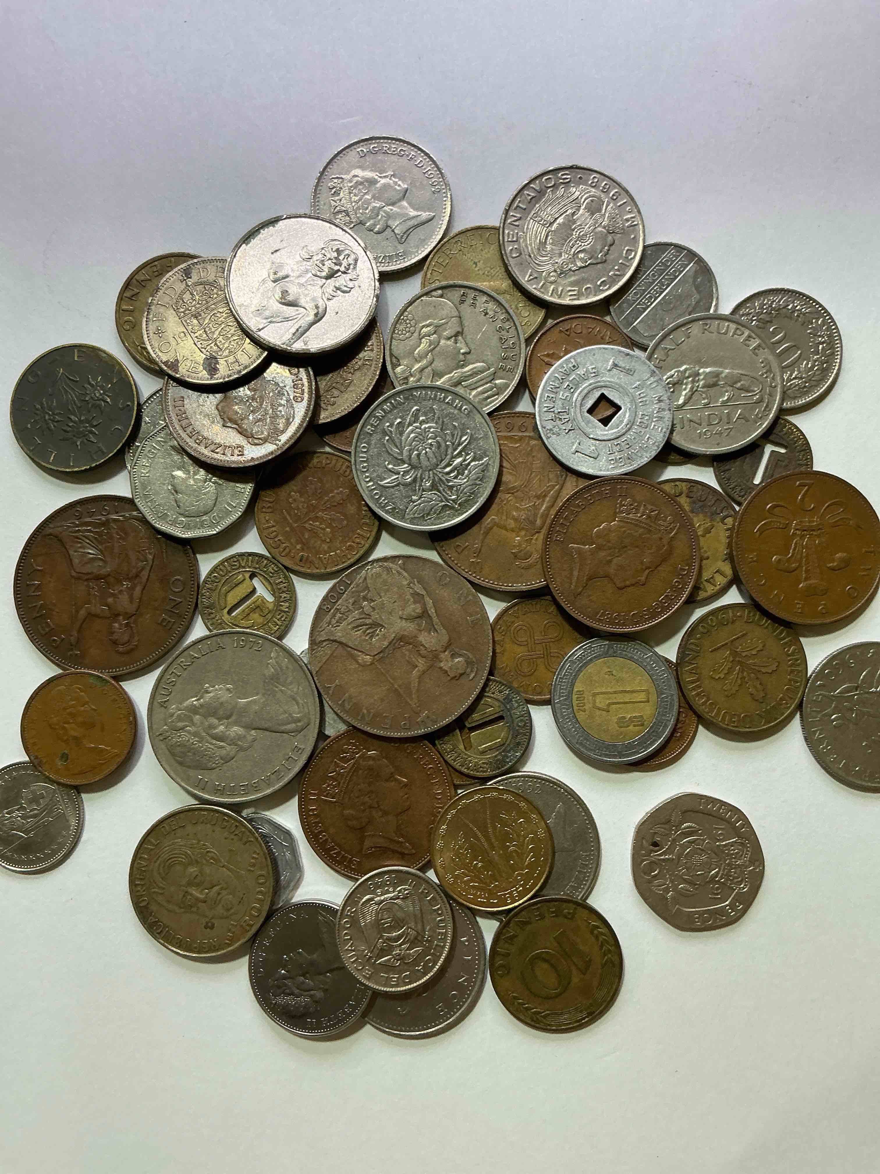 Condition photo showing Good Condition for World Coins, Antique & Vintage! Each Lot Is Unique! Many Different Years, Countries, Sizes & Exotic Places. This Cool Collection Of Antique Coins From Around The World Is Loads Of Fun! Have Fun Identifying Each Coin & Country As A Great Educational Tool! A Great Investment Too!