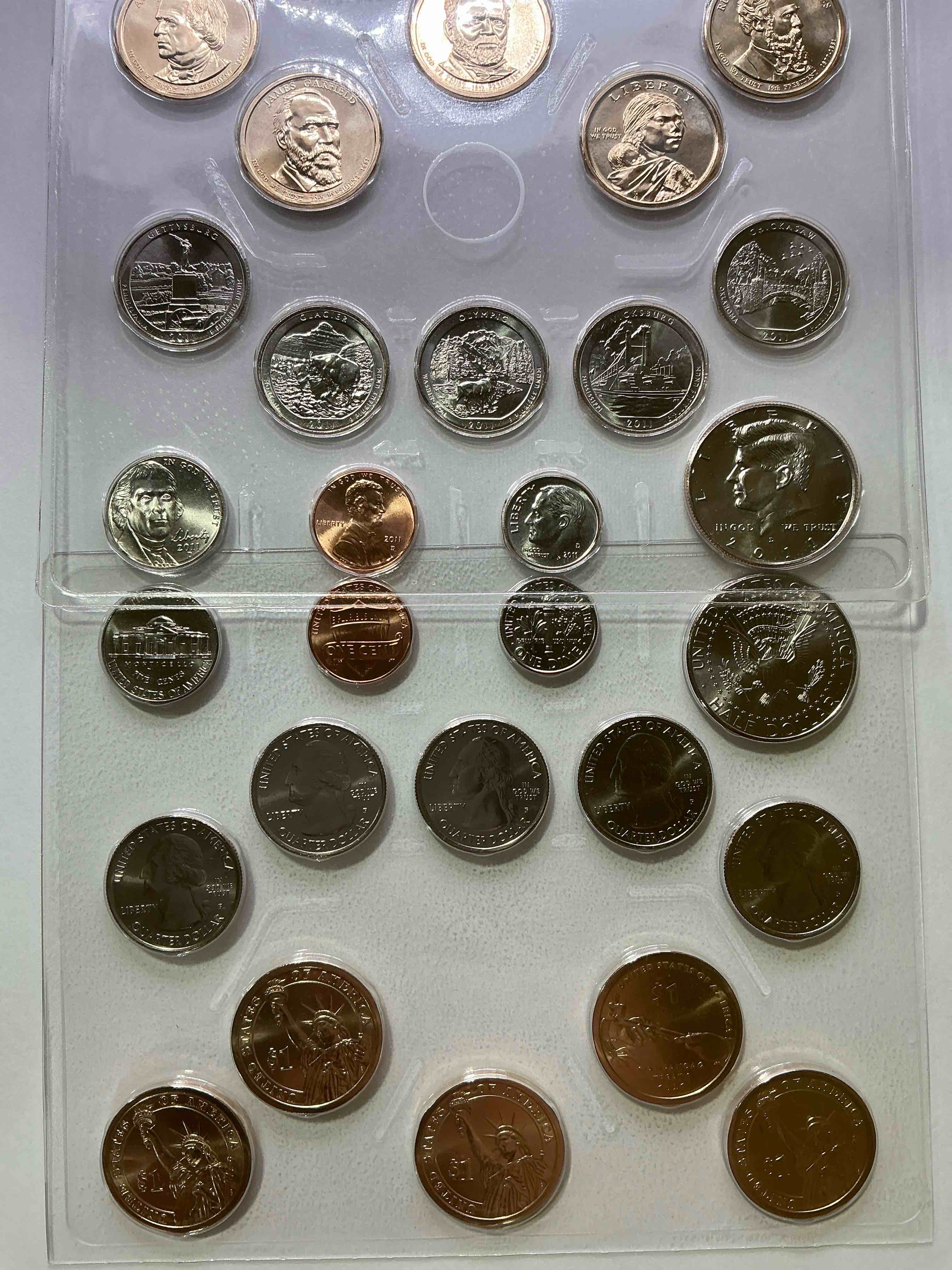Condition photo showing New/Like New for 2011 Uncirculated Mint Coins! 28 Coin Lot, With MULTIPLE Dollar Coins, Half Dollars, Quarters, Dimes, Nickels & Pennies! WOW!