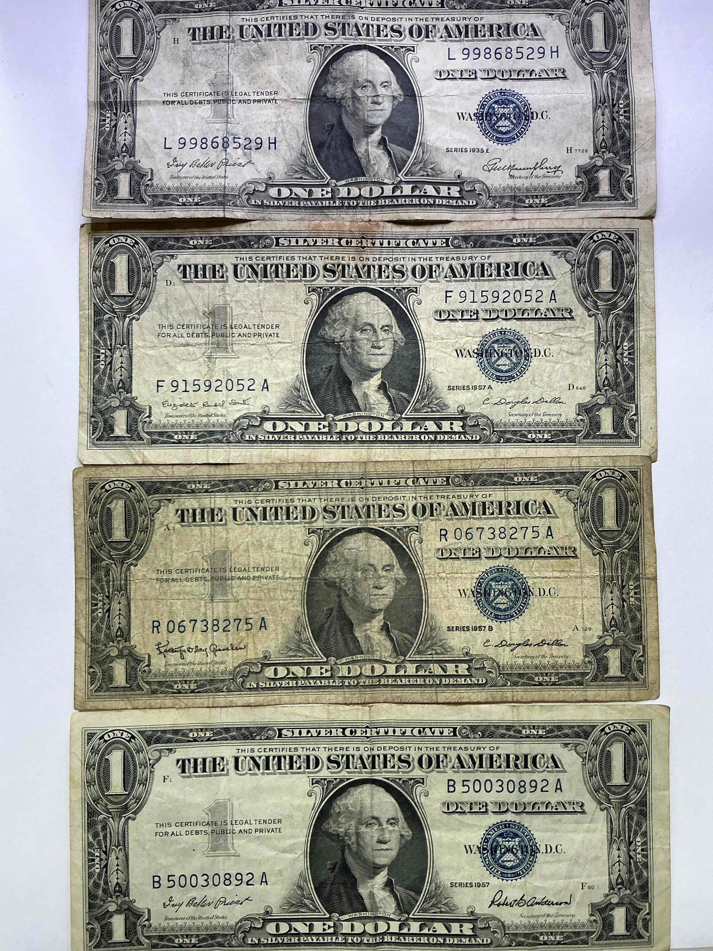 1957 Series Silver Certificates! Did You Know That Prior To 1964 One Dollar U.S. Paper Money Was Actually Redeemable For Silver Dollars?! Wow How Times Have Changed! Silver Certificates Were Produced From 1878 To 1964 & Are Still Considered Legal Tender At Face Value. Here Are Gorgeous, Circulated 1957 U.S. One Dollar Silver Certificate, With Highly Collectible "Blue Seal!* Own An Awesome Piece Of History!