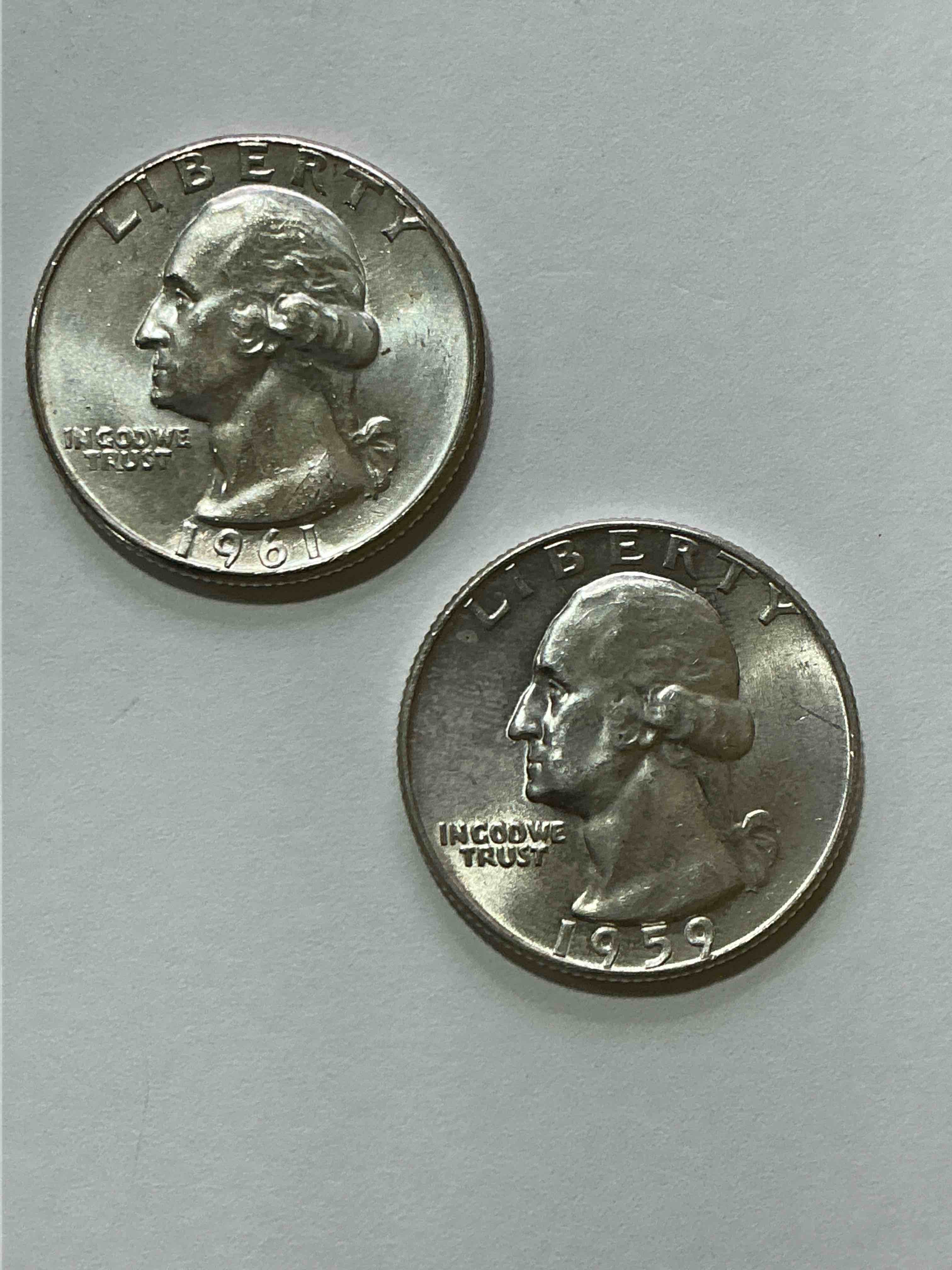 George Washington Brilliant Silver! Pre 1965 U.S. Quarter Dollar Coins Were Actually Silver, Here Are two Great Examples Of Awesome, Pristine George Washington Silver Quarters, Stunning & Uncirculated! Rare Mints! Great For Investing In Precious Metals! These Coins Were Minted At 90% Silver and 10% Copper, Giving Them A Net Weight Of .18084 Ounces Of Pure Silver Per Coin! Very Hard To Find Uncirculated, Stunning! Invest In Fine U.S. Silver!