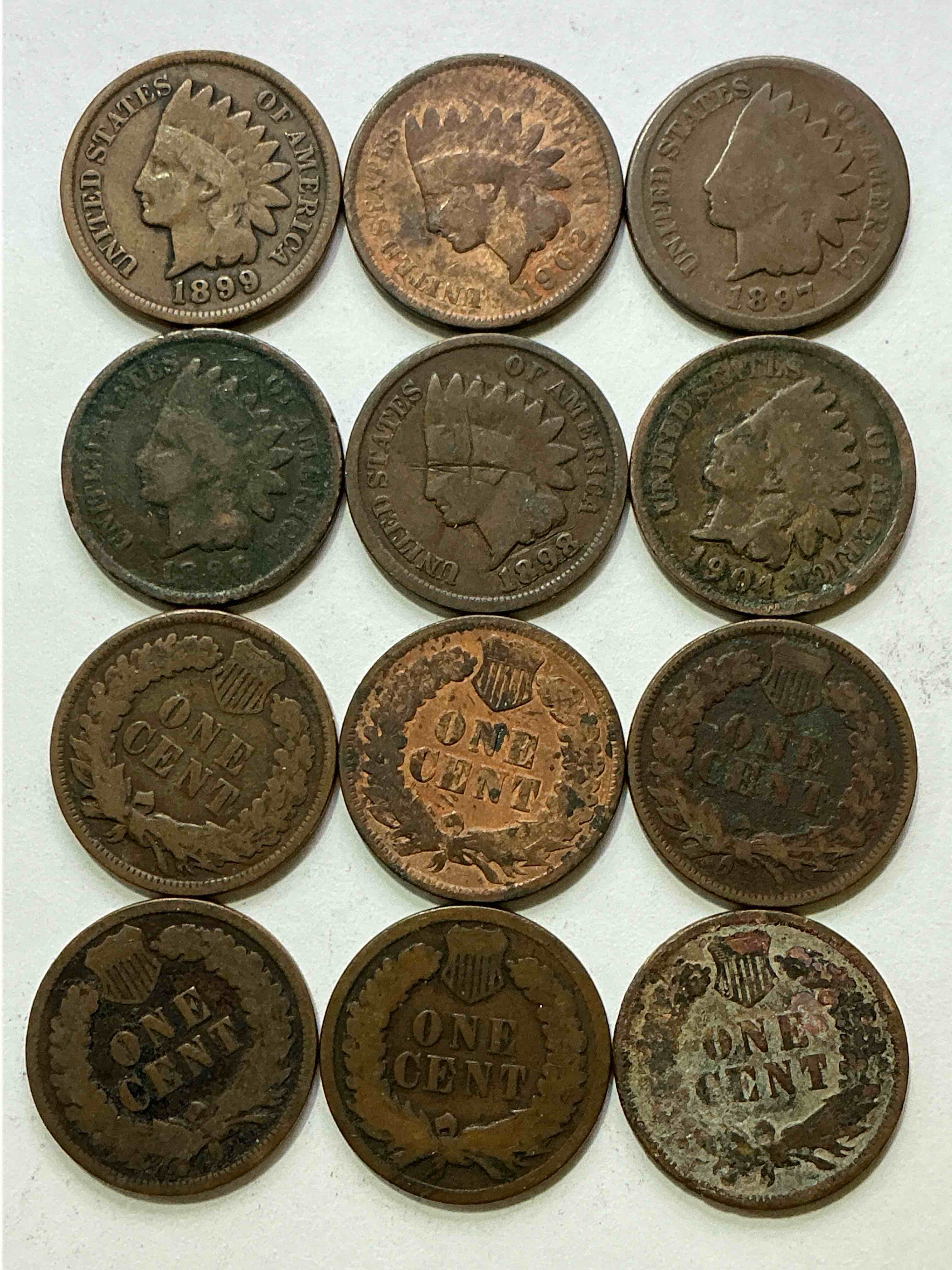Condition photo showing Good Condition for Indian Head Pennies! These Gorgeous U.S. Pennies Were Minted From 1859-1909 & Have Become Serious Collector Items! The "Indian Head" Design Is Actually A Representation Of Lady Liberty Wearing An Indian Headdress. Here Are Beautiful, Well-Kept Examples Representing Many Different Mint Years! Great For Collecting, Investing & Learning History, & Rare With Visible Dates!