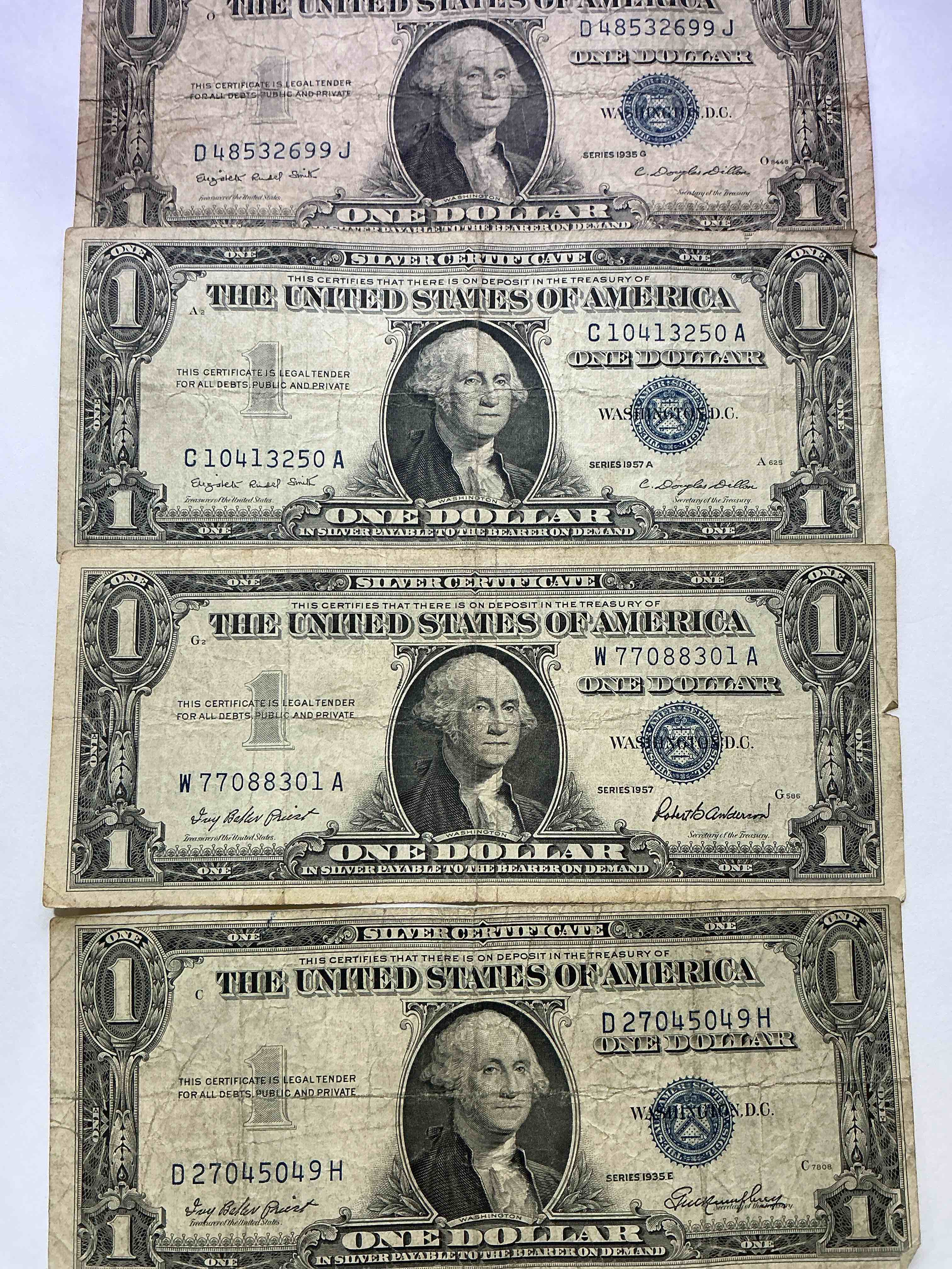 1957 Silver Certificates! Did You Know That Prior To 1964 One Dollar U.S. Paper Money Was Actually Redeemable For Silver Dollars?! Wow How Times Have Changed! Silver Certificates Were Produced From 1878 To 1964 & Are Still Considered Legal Tender At Face Value. Here Are Gorgeous, Circulated 1957 U.S. One Dollar Silver Certificate, With Highly Collectible "Blue Seal!* Own An Awesome Piece Of History!