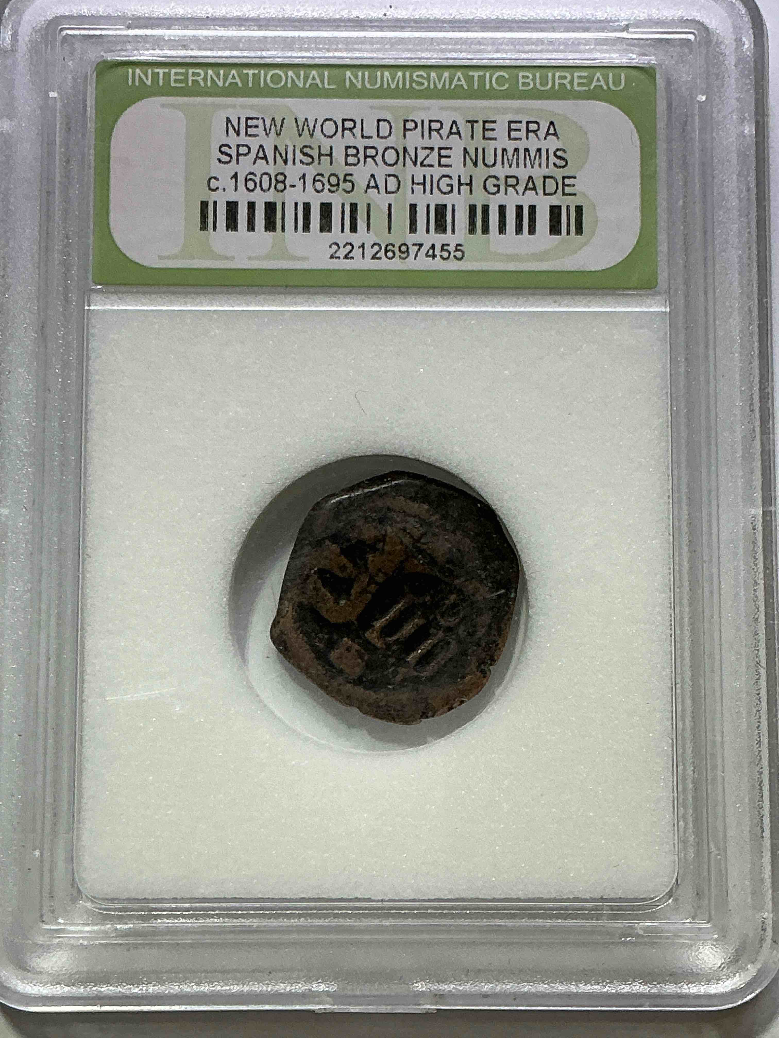 Authentic Pirate Era Coin! New World Pirate Era Spanish Bronze Nummis, Circa 1608-1695 AD, Genuine “Pirate Coin” Encased & International Numismatic Bureau Case! Own A Piece Of Authentic “Pirate Treasure!” 