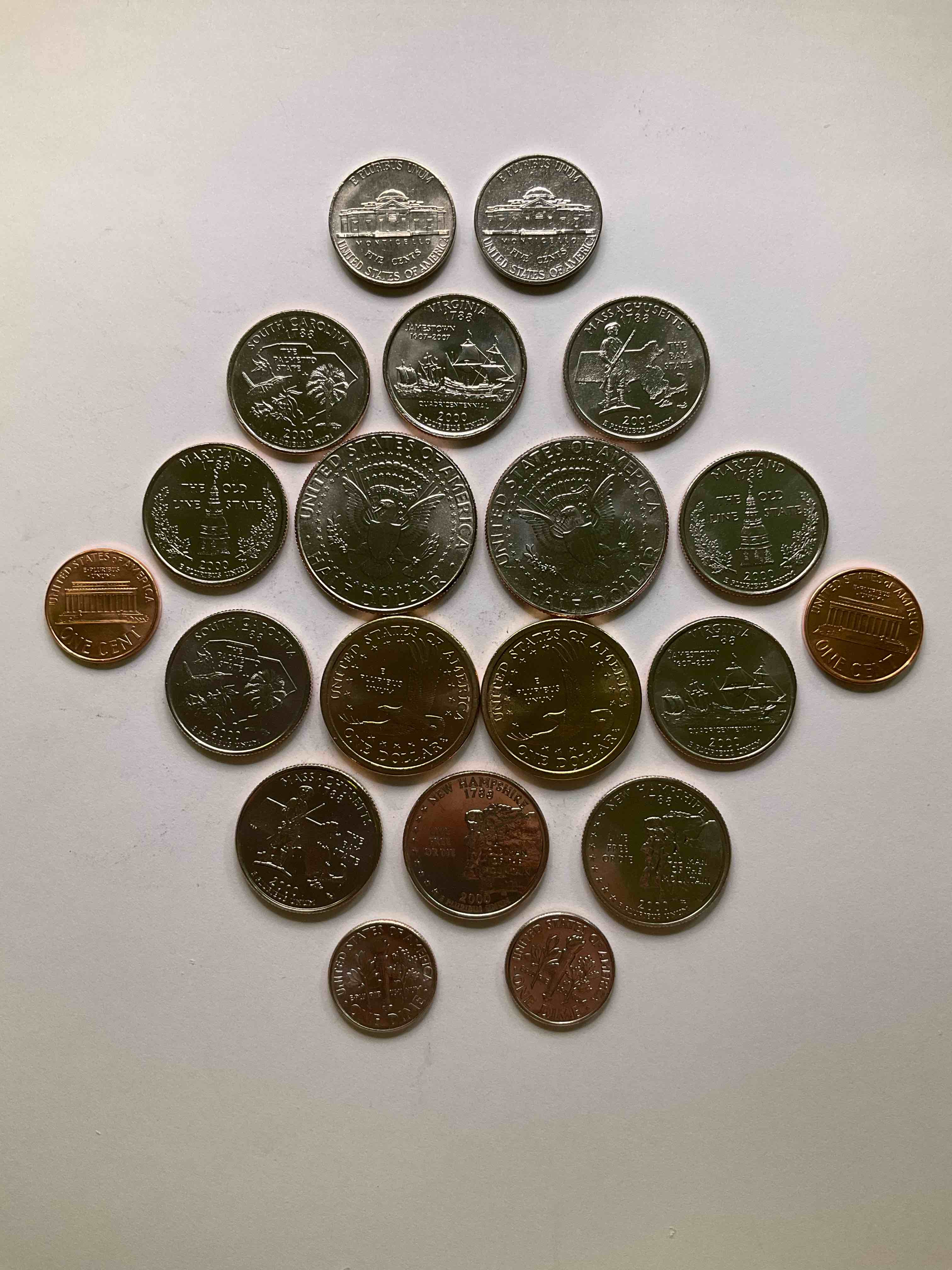 Condition photo showing New/Like New for 2000 Uncirculated Mint Coins! 20 Coins From Philadelphia & Denver! 20 Coin Uncirculated Lot, With State Quarters, Nickels, Half Dollars, Dimes, Pennies & More! Uncirculated Coin Craziness!