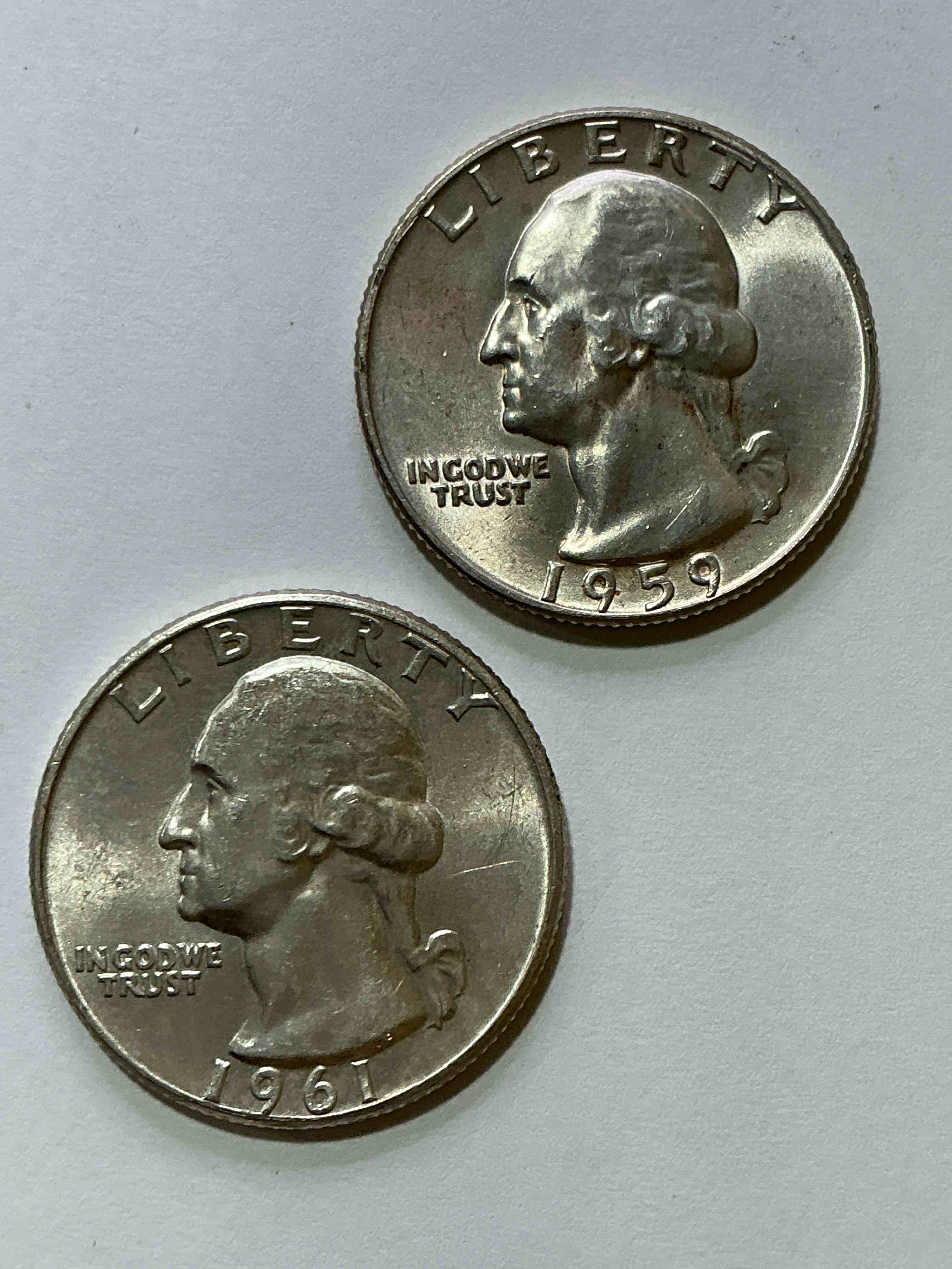 George Washington Brilliant Silver! Pre 1965 U.S. Quarter Dollar Coins Were Actually Silver, Here Are two Great Examples Of Awesome, Pristine George Washington Silver Quarters, Stunning & Uncirculated! Rare Mints! Great For Investing In Precious Metals! These Coins Were Minted At 90% Silver and 10% Copper, Giving Them A Net Weight Of .18084 Ounces Of Pure Silver Per Coin! Very Hard To Find Uncirculated, Stunning! Invest In Fine U.S. Silver!