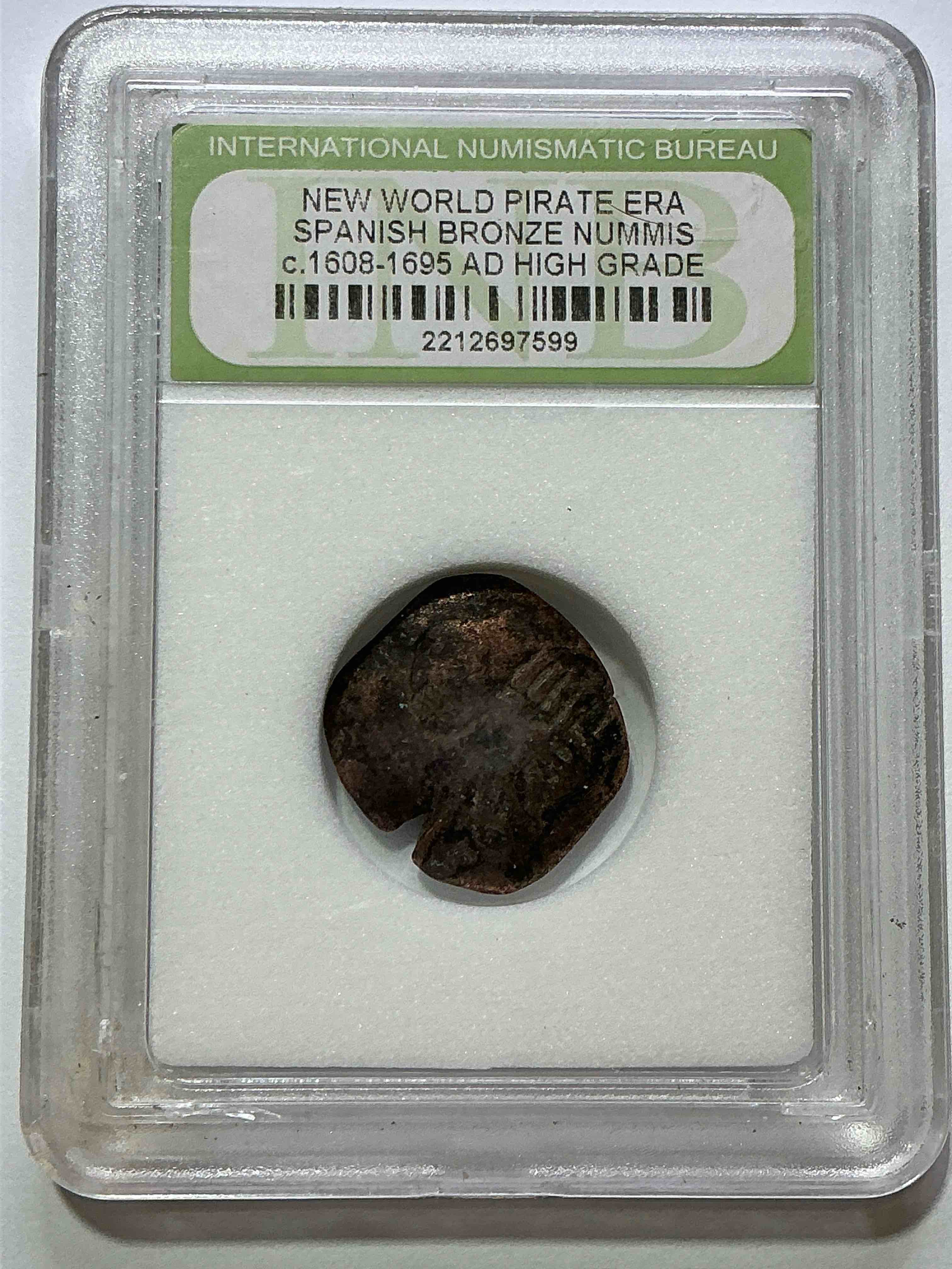 Authentic Pirate Era Coin! New World Pirate Era Spanish Bronze Nummis, Circa 1608-1695 AD, Genuine “Pirate Coin” Encased & International Numismatic Bureau Case! Own A Piece Of Authentic “Pirate Treasure!” 