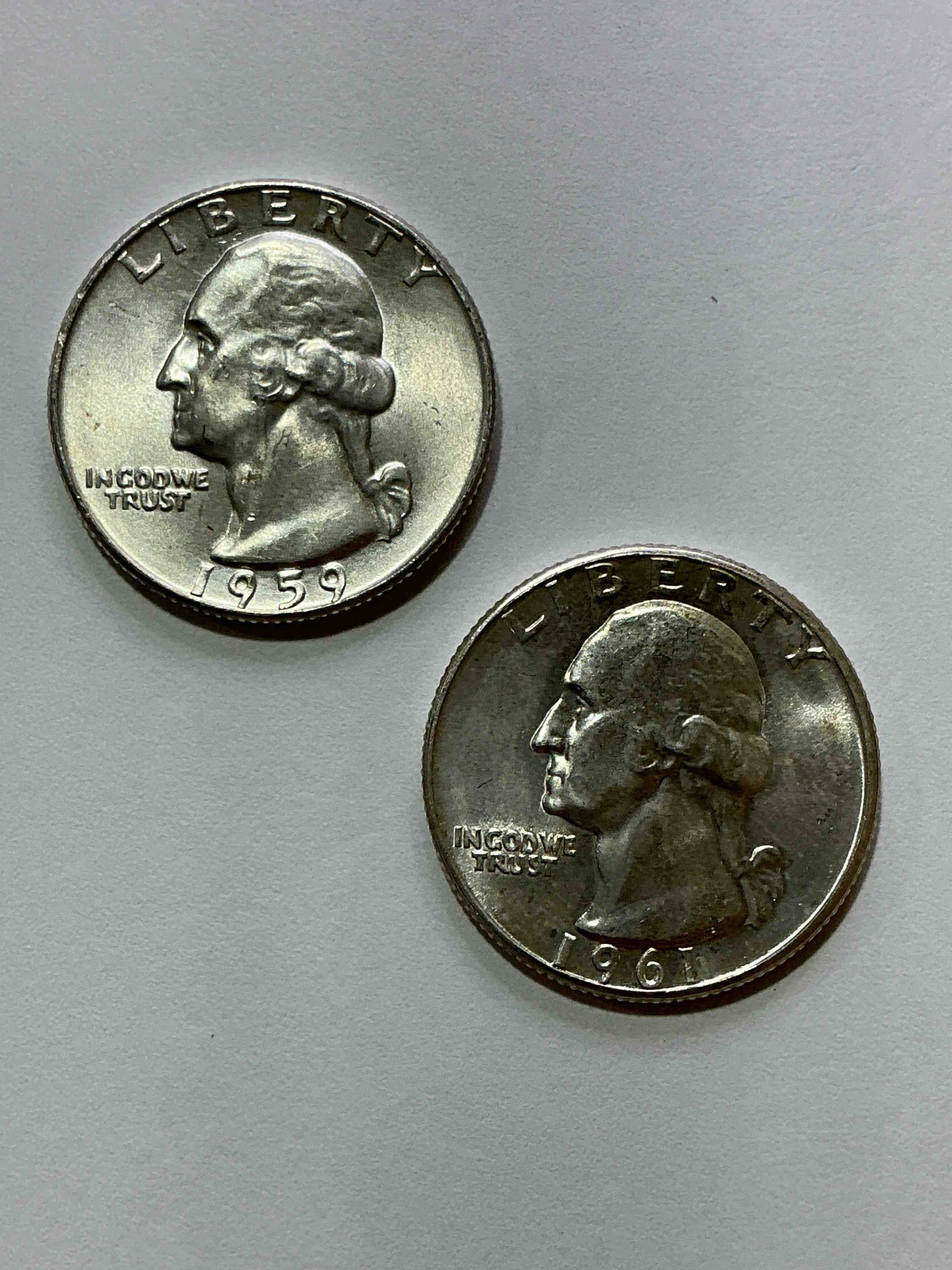 George Washington Brilliant Silver! Pre 1965 U.S. Quarter Dollar Coins Were Actually Silver, Here Are two Great Examples Of Awesome, Pristine George Washington Silver Quarters, Stunning & Uncirculated! Rare Mints! Great For Investing In Precious Metals! These Coins Were Minted At 90% Silver and 10% Copper, Giving Them A Net Weight Of .18084 Ounces Of Pure Silver Per Coin! Very Hard To Find Uncirculated, Stunning! Invest In Fine U.S. Silver!