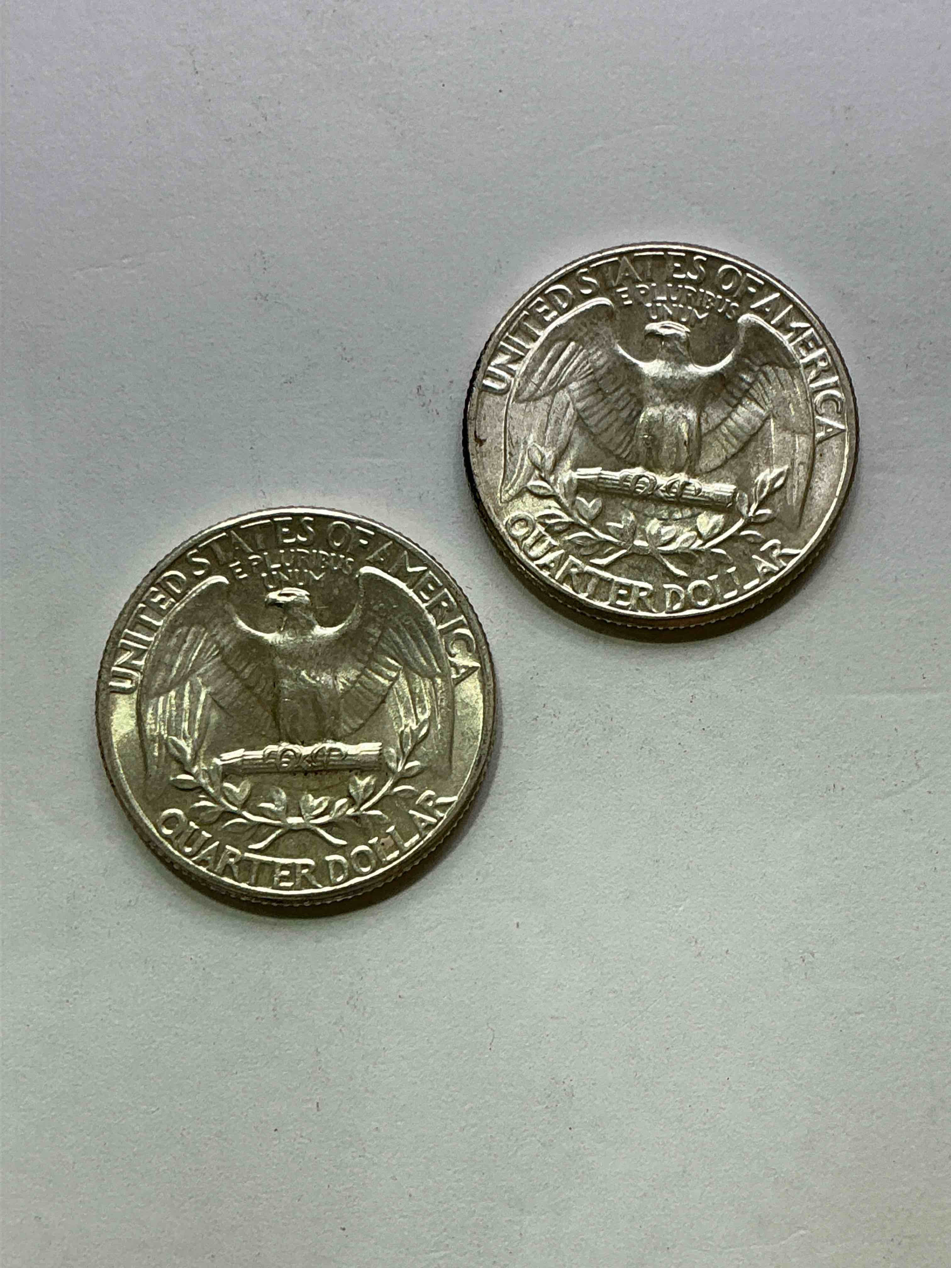 Condition photo showing Good Condition for George Washington Brilliant Silver! Pre 1965 U.S. Quarter Dollar Coins Were Actually Silver, Here Are two Great Examples Of Awesome, Pristine George Washington Silver Quarters, Stunning & Uncirculated! Rare Mints! Great For Investing In Precious Metals! These Coins Were Minted At 90% Silver and 10% Copper, Giving Them A Net Weight Of .18084 Ounces Of Pure Silver Per Coin! Very Hard To Find Uncirculated, Stunning! Invest In Fine U.S. Silver!