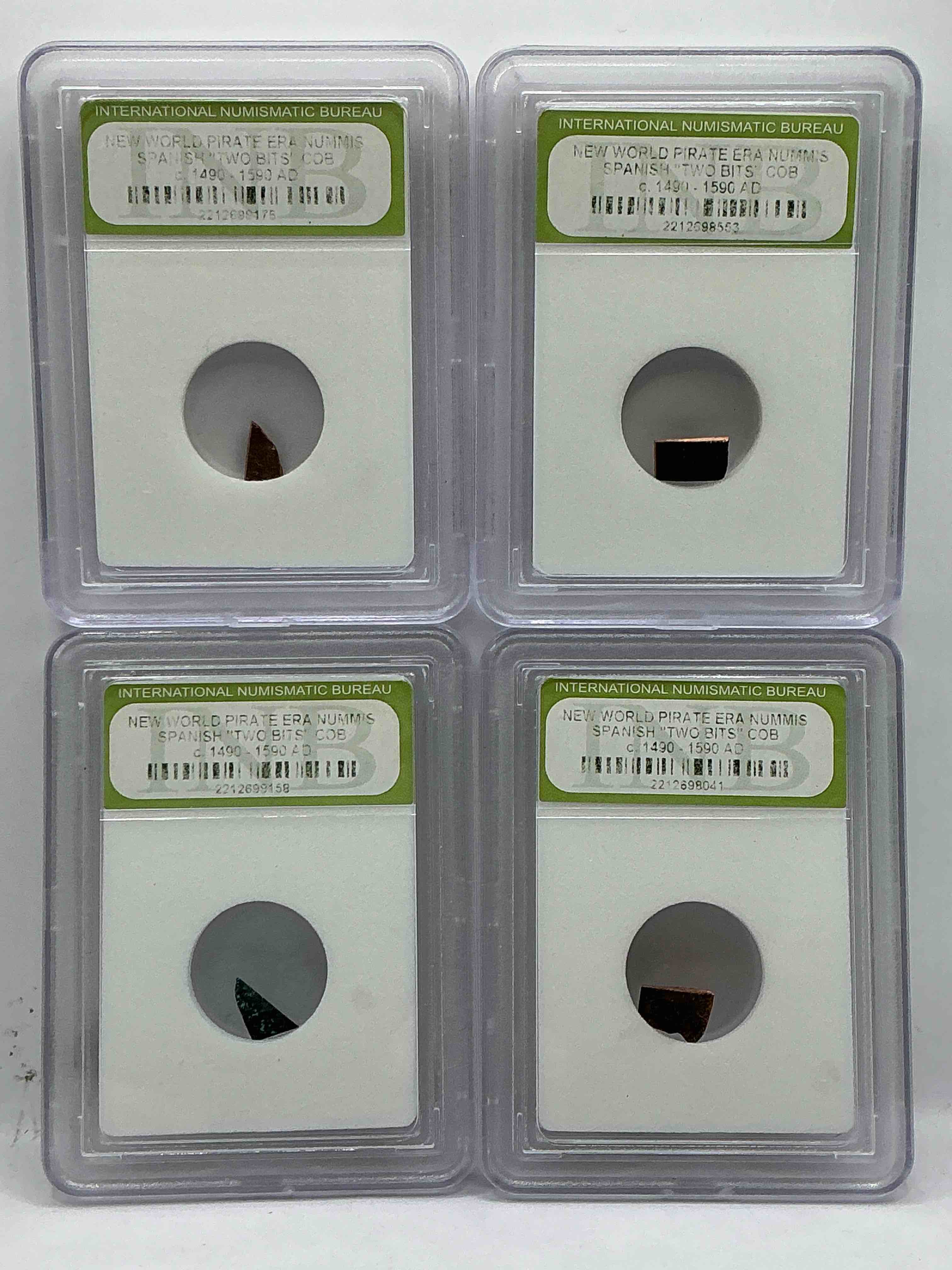 Pirate Era Spanish "Two Bits" Coin, Authentic! Circa 1490-1590, 400 To 500 Years Old! These Copper "Two Bit" Pieces Were Hand Cut Off Larger Coins In The Golden Pirate Age To Create Smaller Denominations. A Genuine Piece Of Cool History! A Great Authentic Pirate Era Collectible Encased In INB Slab!