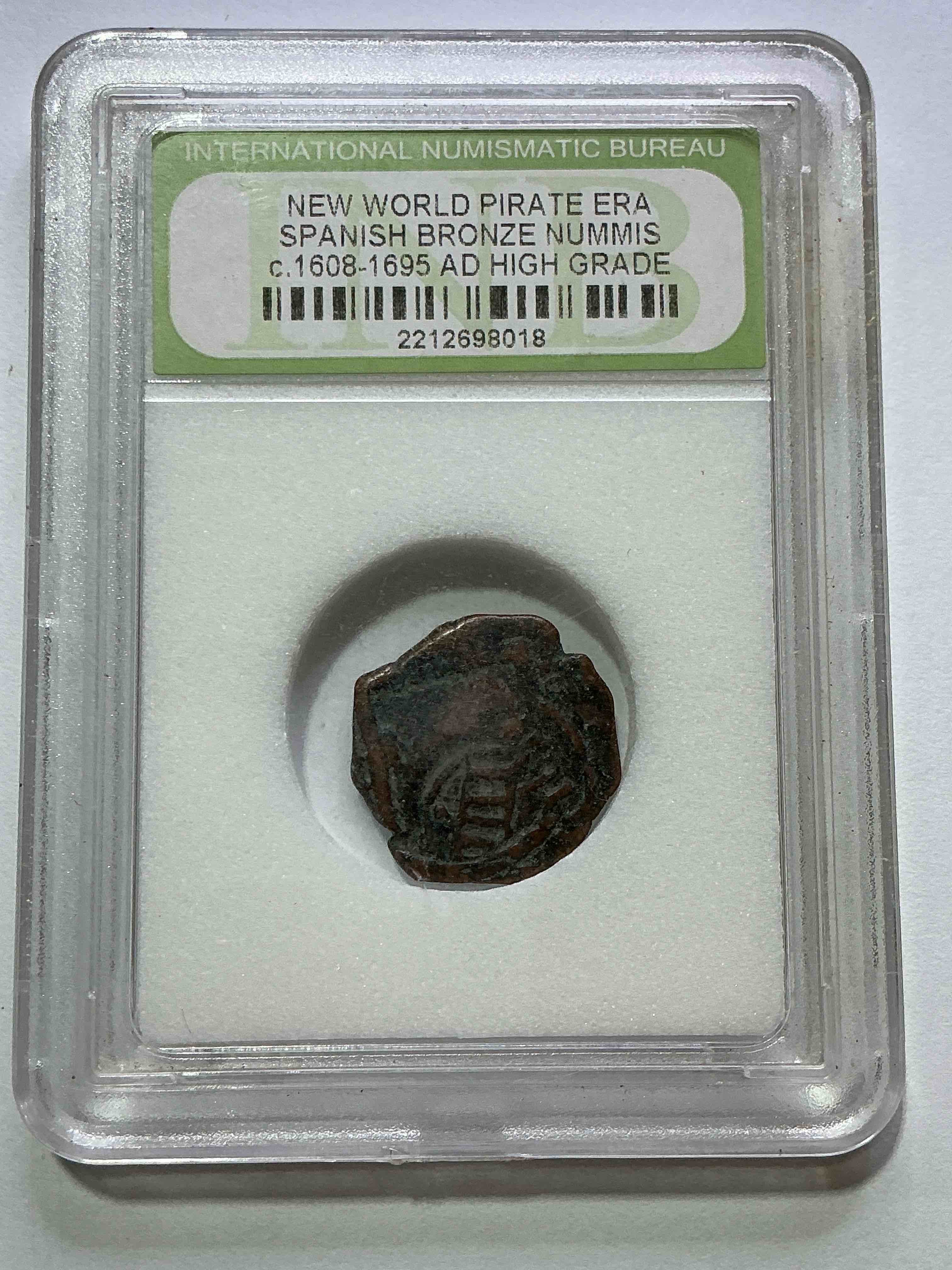 Authentic Pirate Era Coin! New World Pirate Era Spanish Bronze Nummis, Circa 1608-1695 AD, Genuine “Pirate Coin” Encased & International Numismatic Bureau Case! Own A Piece Of Authentic “Pirate Treasure!” 
