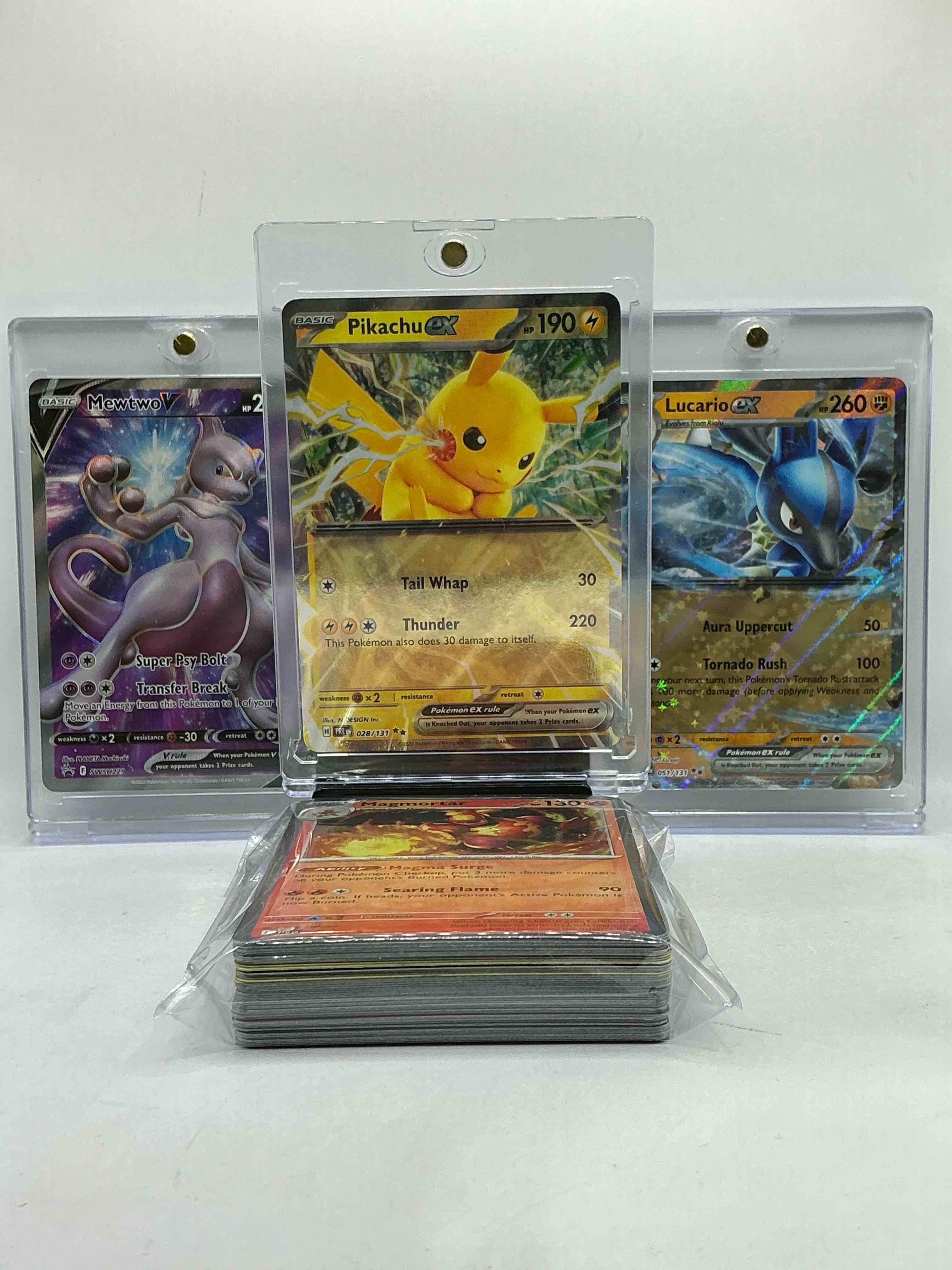 Pikachu, Lucario & Mewtwo! Pikachu EX, Lucario EX & Mewtwo V! Pokémon Party! This 50 Card Pokémon Card Lot Includes Rare Cards, Legends, Heroes, Holos, Commons & More! Collect Pokemon! 