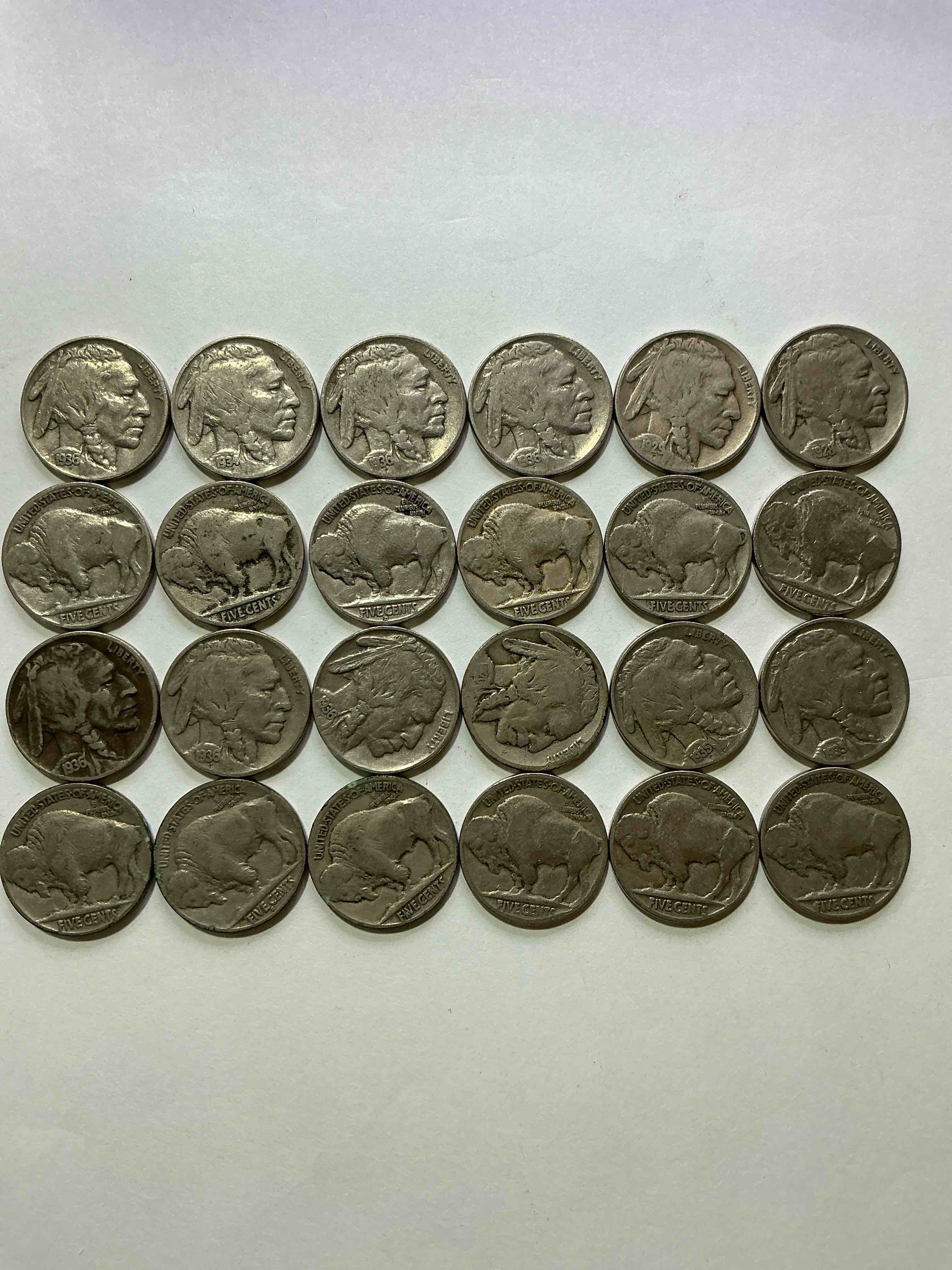 Condition photo showing Good Condition for Historic Buffalo Nickels! Indian Head Buffalo Nickels Were Minted From 1913 To 1938 & Have Become A Favorite For Coin Collectors Around The World! Own Pieces Of American History With These Cool Indian Head Buffalo Nickels In Circulated Condition, Most With Visible Dates Which Is Very Rare For Buffalo Nickels!
