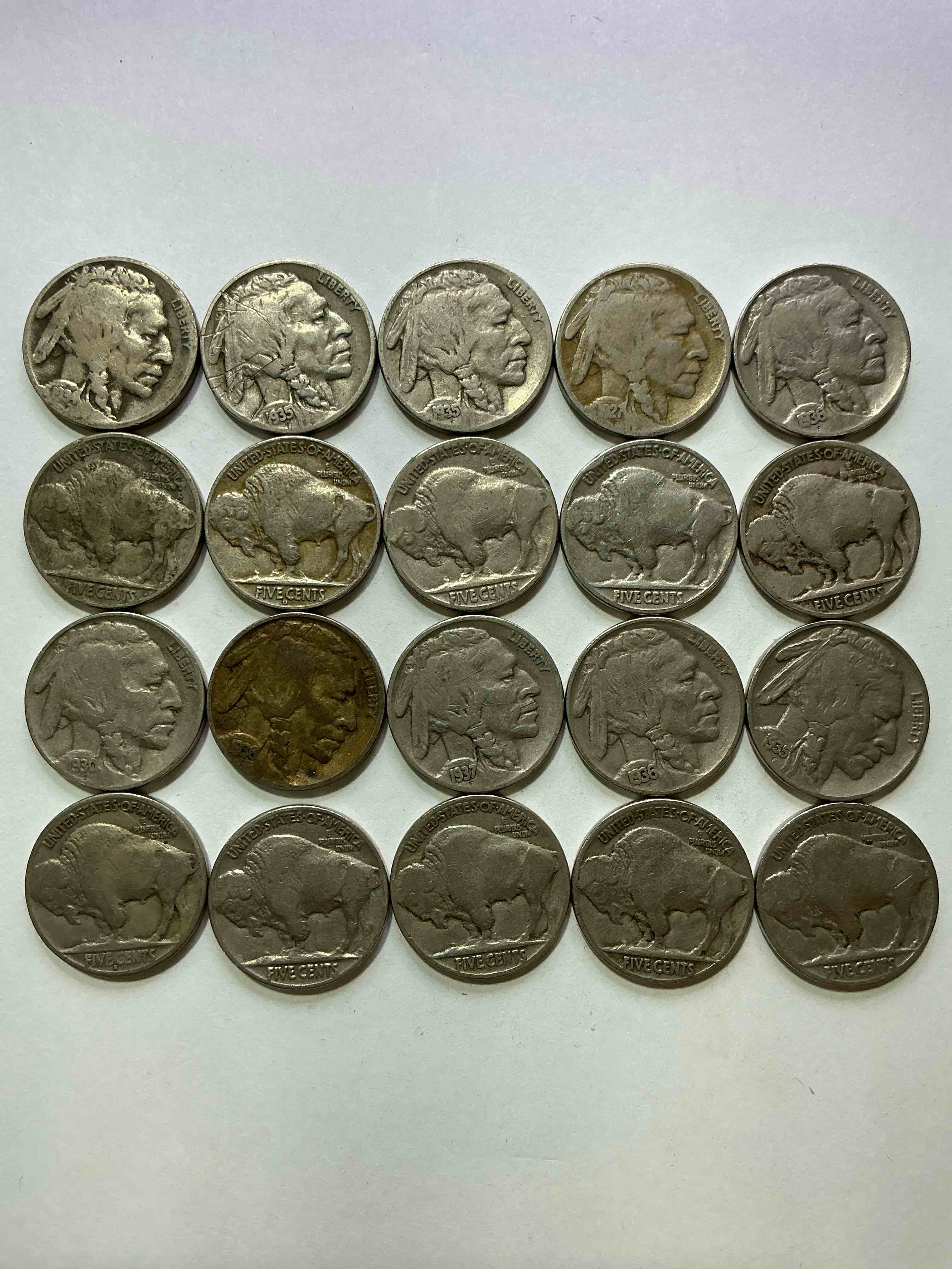 Condition photo showing Good Condition for Historic Buffalo Nickels! Indian Head Buffalo Nickels Were Minted From 1913 To 1938 & Have Become A Favorite For Coin Collectors Around The World! Own Pieces Of American History With These Cool Indian Head Buffalo Nickels In Circulated Condition, Most With Visible Dates Which Is Very Rare For Buffalo Nickels!