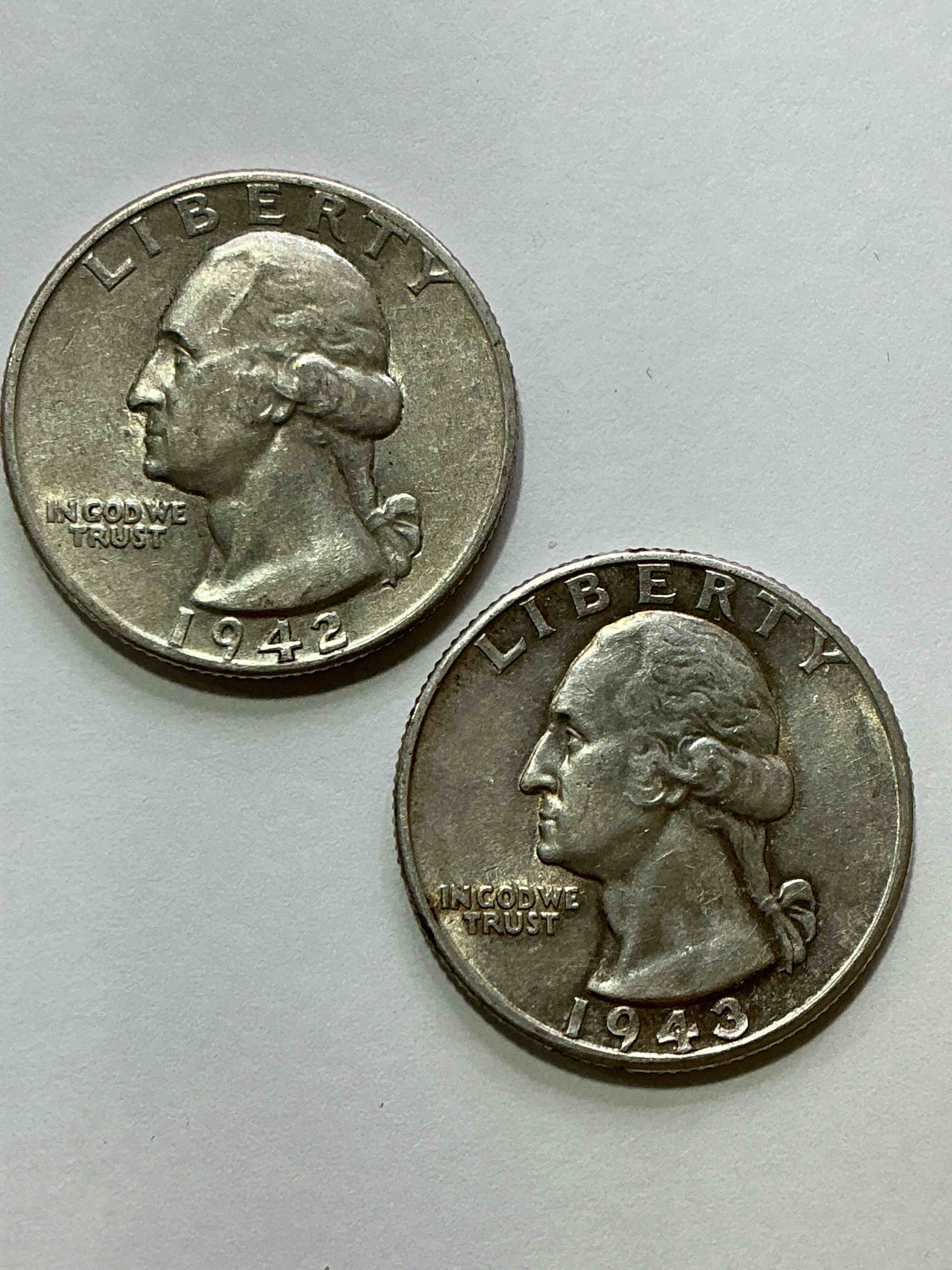 George Washington WWII Brilliant Silver! Pre 1965 U.S. Quarter Dollar Coins Were Actually Silver, Here Are two Great Examples Of Awesome, Pristine George Washington Silver Quarters, Stunning & Circulated! Rare 1943 & 1942 Mints! Great For Investing In Precious Metals! These Coins Were Minted At 90% Silver and 10% Copper, Giving Them A Net Weight Of .18084 Ounces Of Pure Silver Per Coin! Very Hard To Find, Stunning! Invest In Fine U.S. Silver!