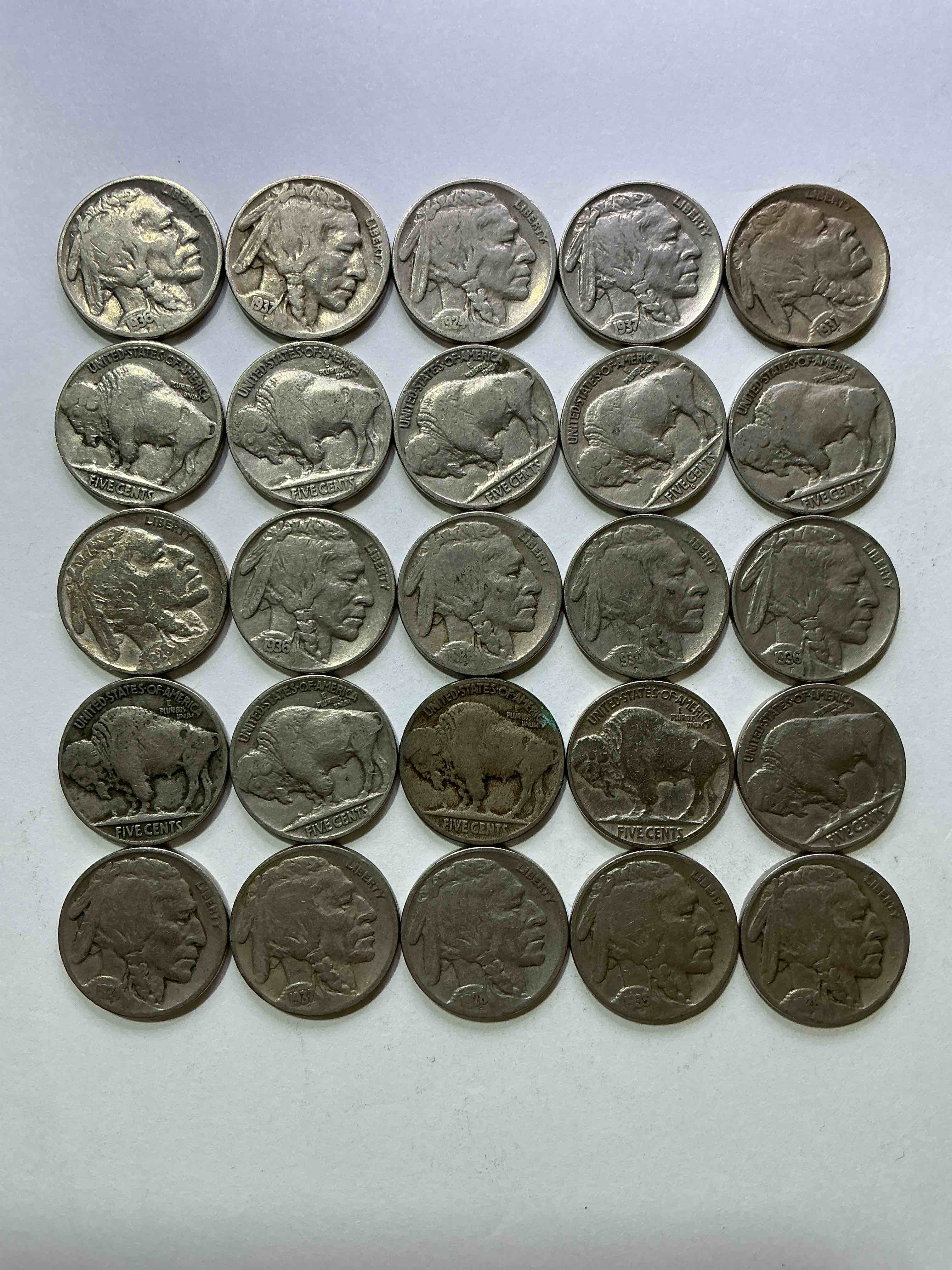 Condition photo showing Good Condition for Historic Buffalo Nickels! Indian Head Buffalo Nickels Were Minted From 1913 To 1938 & Have Become A Favorite For Coin Collectors Around The World! Own Pieces Of American History With These Cool Indian Head Buffalo Nickels In Circulated Condition, Most With Visible Dates Which Is Very Rare For Buffalo Nickels!