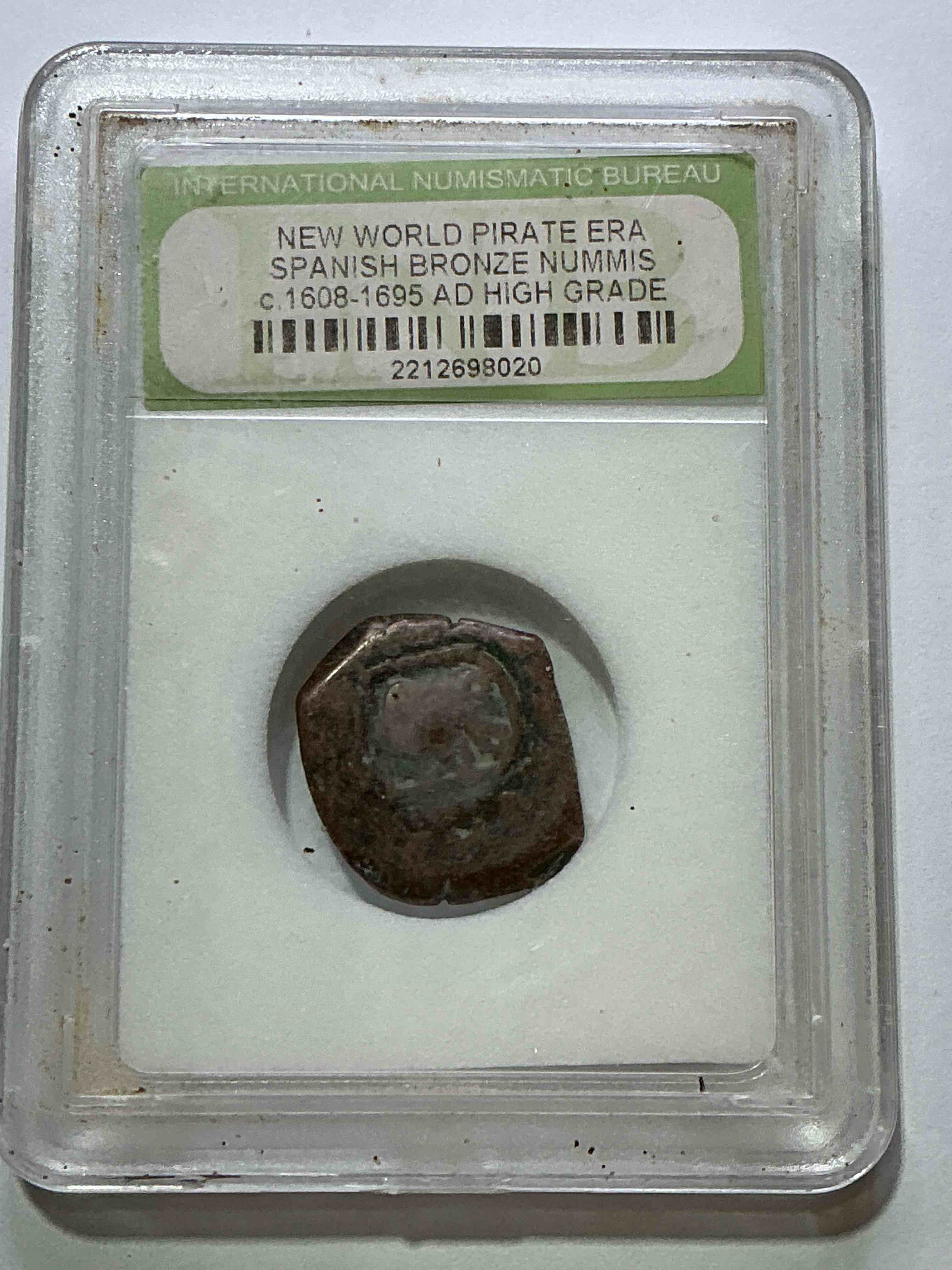 Authentic Pirate Era Coin! New World Pirate Era Spanish Bronze Nummis, Circa 1608-1695 AD, Genuine “Pirate Coin” Encased & International Numismatic Bureau Case! Own A Piece Of Authentic “Pirate Treasure!” 