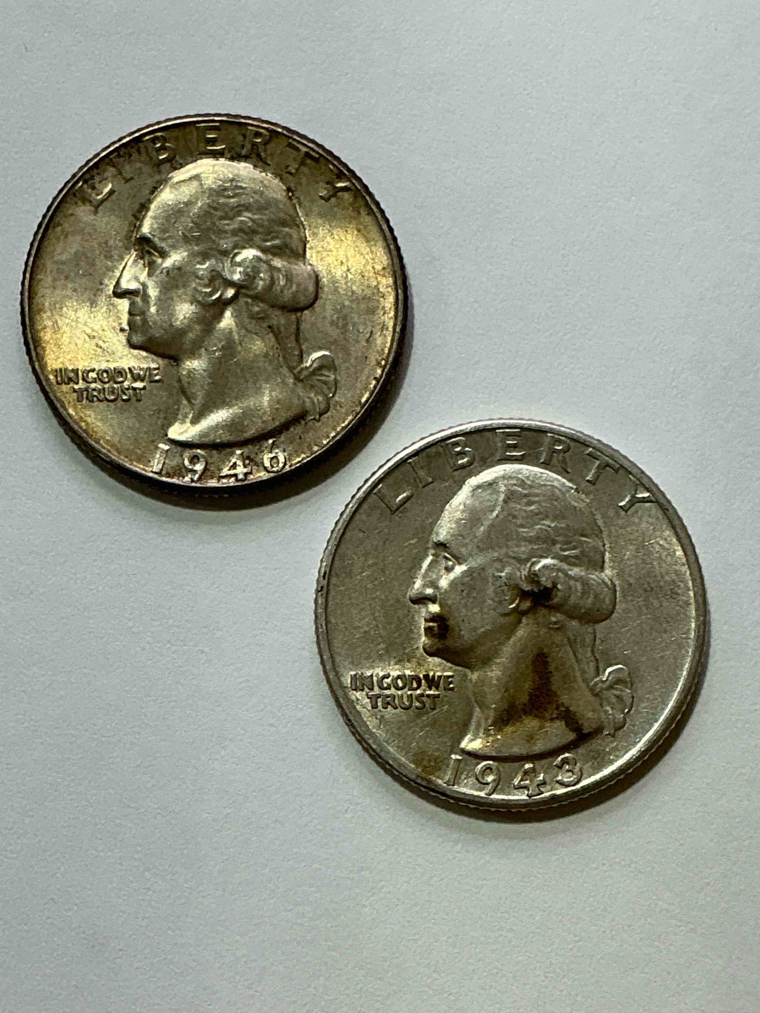 George Washington WWII Brilliant Silver! Pre 1965 U.S. Quarter Dollar Coins Were Actually Silver, Here Are two Great Examples Of Awesome, Pristine George Washington Silver Quarters, Stunning & Circulated! Rare 1943 & 1946 Mints! Great For Investing In Precious Metals! These Coins Were Minted At 90% Silver and 10% Copper, Giving Them A Net Weight Of .18084 Ounces Of Pure Silver Per Coin! Very Hard To Find, Stunning! Invest In Fine U.S. Silver!