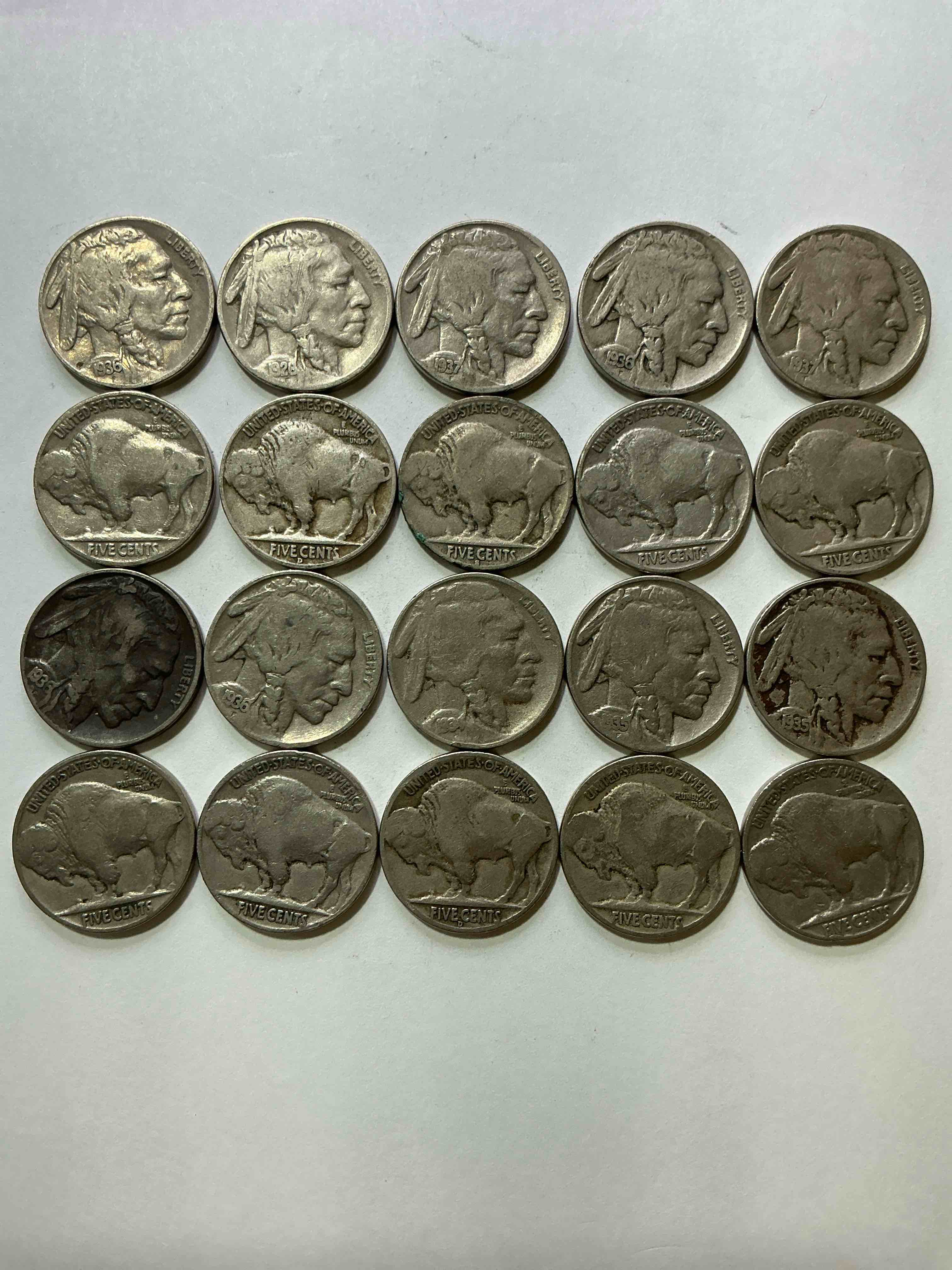 Condition photo showing Good Condition for Historic Buffalo Nickels! Indian Head Buffalo Nickels Were Minted From 1913 To 1938 & Have Become A Favorite For Coin Collectors Around The World! Own Pieces Of American History With These Cool Indian Head Buffalo Nickels In Circulated Condition, Most With Visible Dates Which Is Very Rare For Buffalo Nickels!