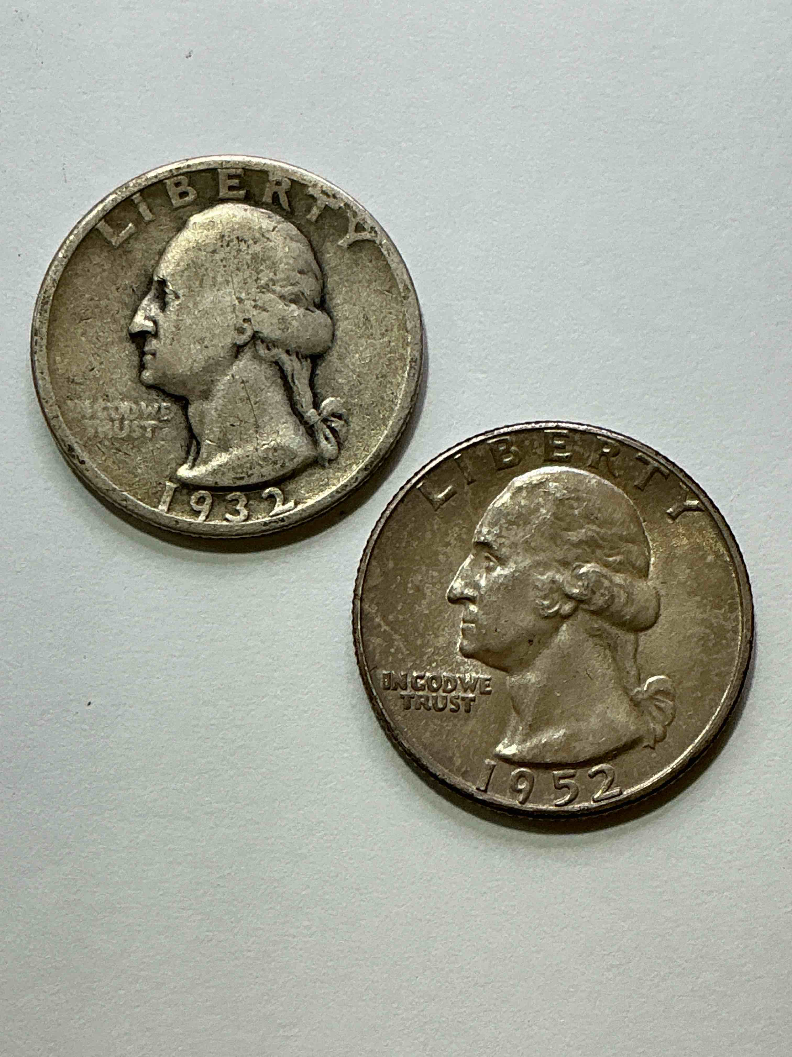 George Washington Brilliant Silver! Pre 1965 U.S. Quarter Dollar Coins Were Actually Silver, Here Are two Great Examples Of Awesome, Pristine George Washington Silver Quarters, Stunning & Circulated! Rare 1932 & 1952 Mints! Great For Investing In Precious Metals! These Coins Were Minted At 90% Silver and 10% Copper, Giving Them A Net Weight Of .18084 Ounces Of Pure Silver Per Coin! Very Hard To Find, Stunning! Invest In Fine U.S. Silver!