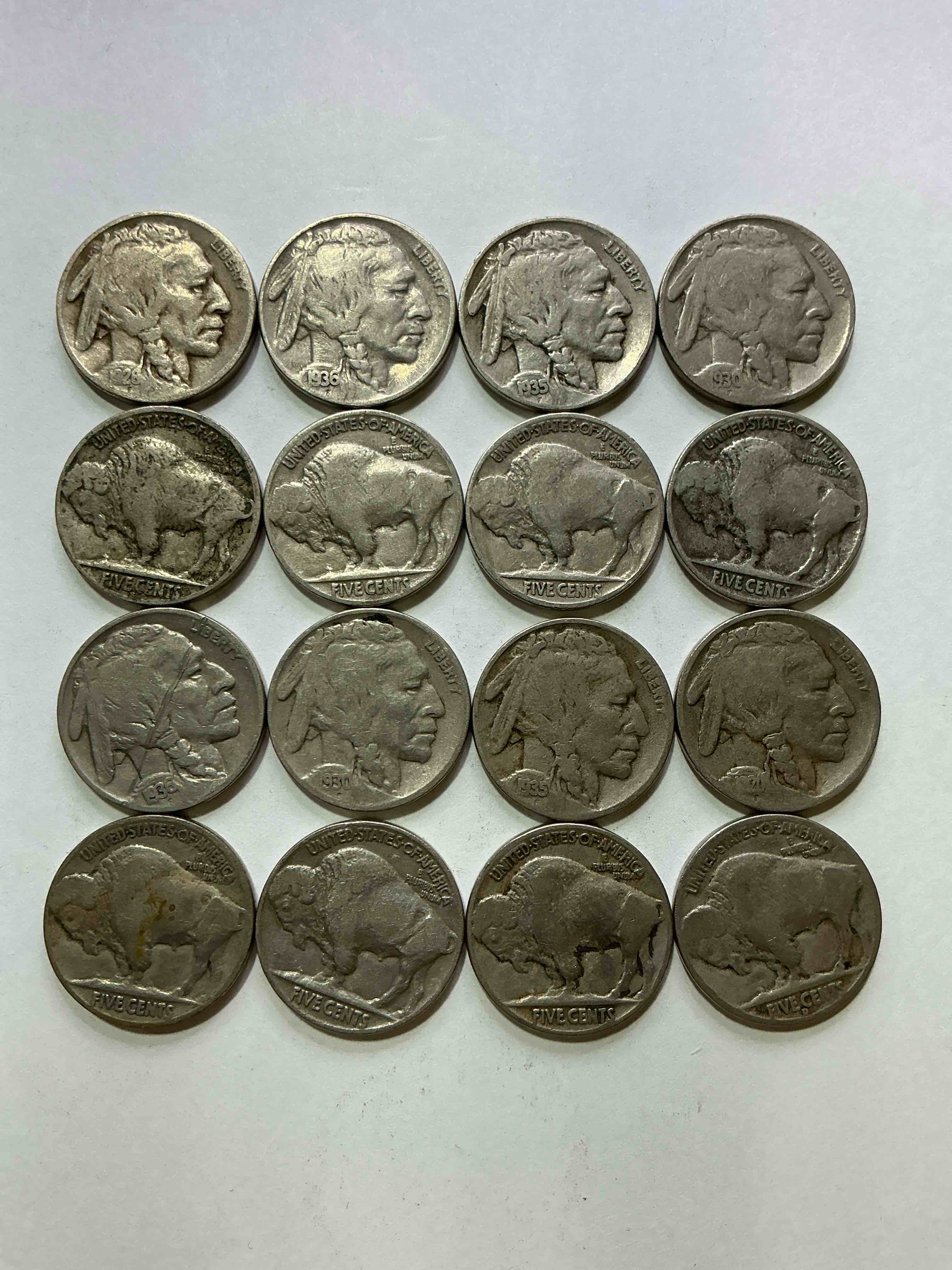 Condition photo showing Good Condition for Historic Buffalo Nickels! Indian Head Buffalo Nickels Were Minted From 1913 To 1938 & Have Become A Favorite For Coin Collectors Around The World! Own Pieces Of American History With These Cool Indian Head Buffalo Nickels In Circulated Condition, Most With Visible Dates Which Is Very Rare For Buffalo Nickels!