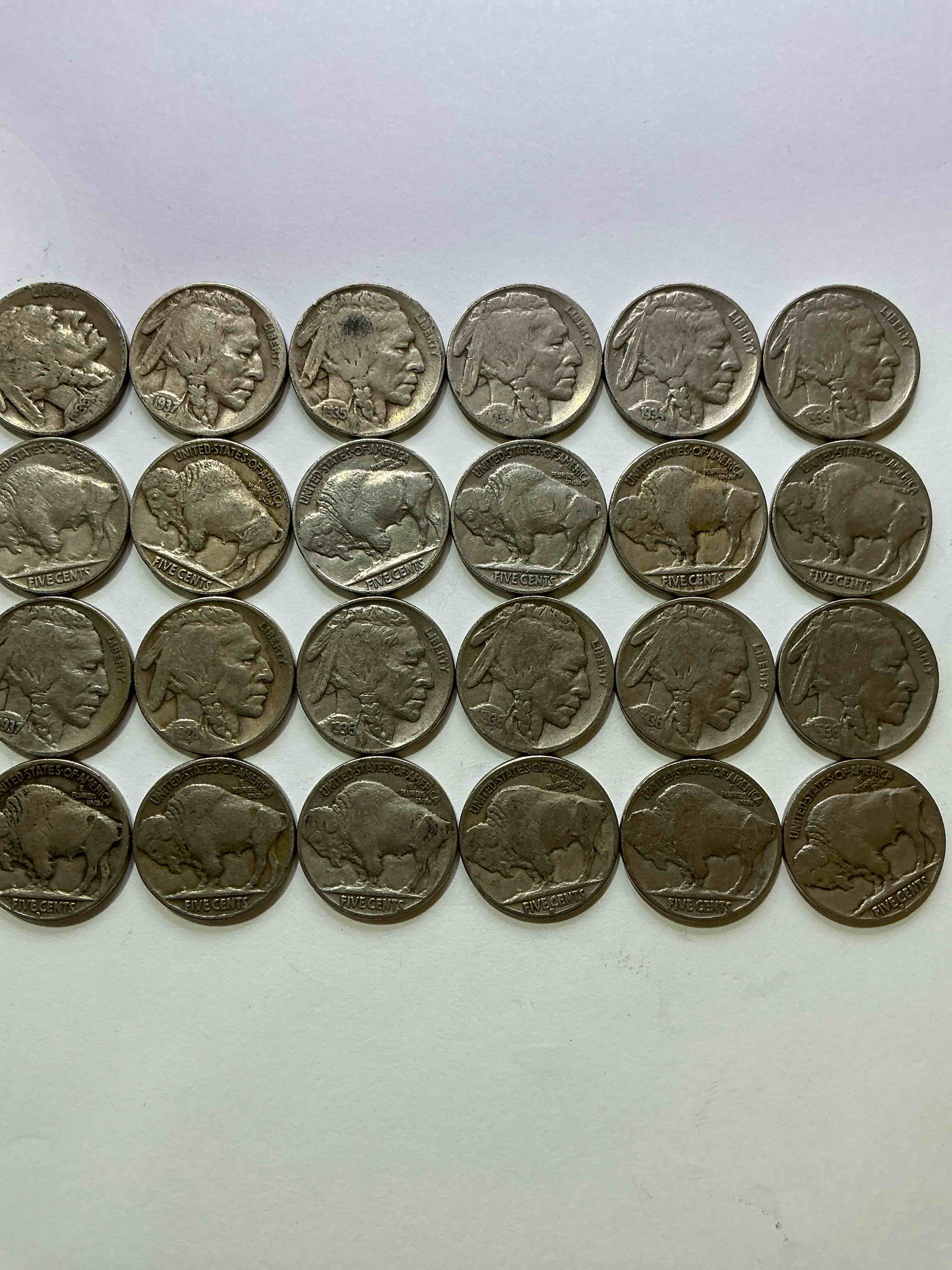 Condition photo showing Good Condition for Historic Buffalo Nickels! Indian Head Buffalo Nickels Were Minted From 1913 To 1938 & Have Become A Favorite For Coin Collectors Around The World! Own Pieces Of American History With These Cool Indian Head Buffalo Nickels In Circulated Condition, Most With Visible Dates Which Is Very Rare For Buffalo Nickels!