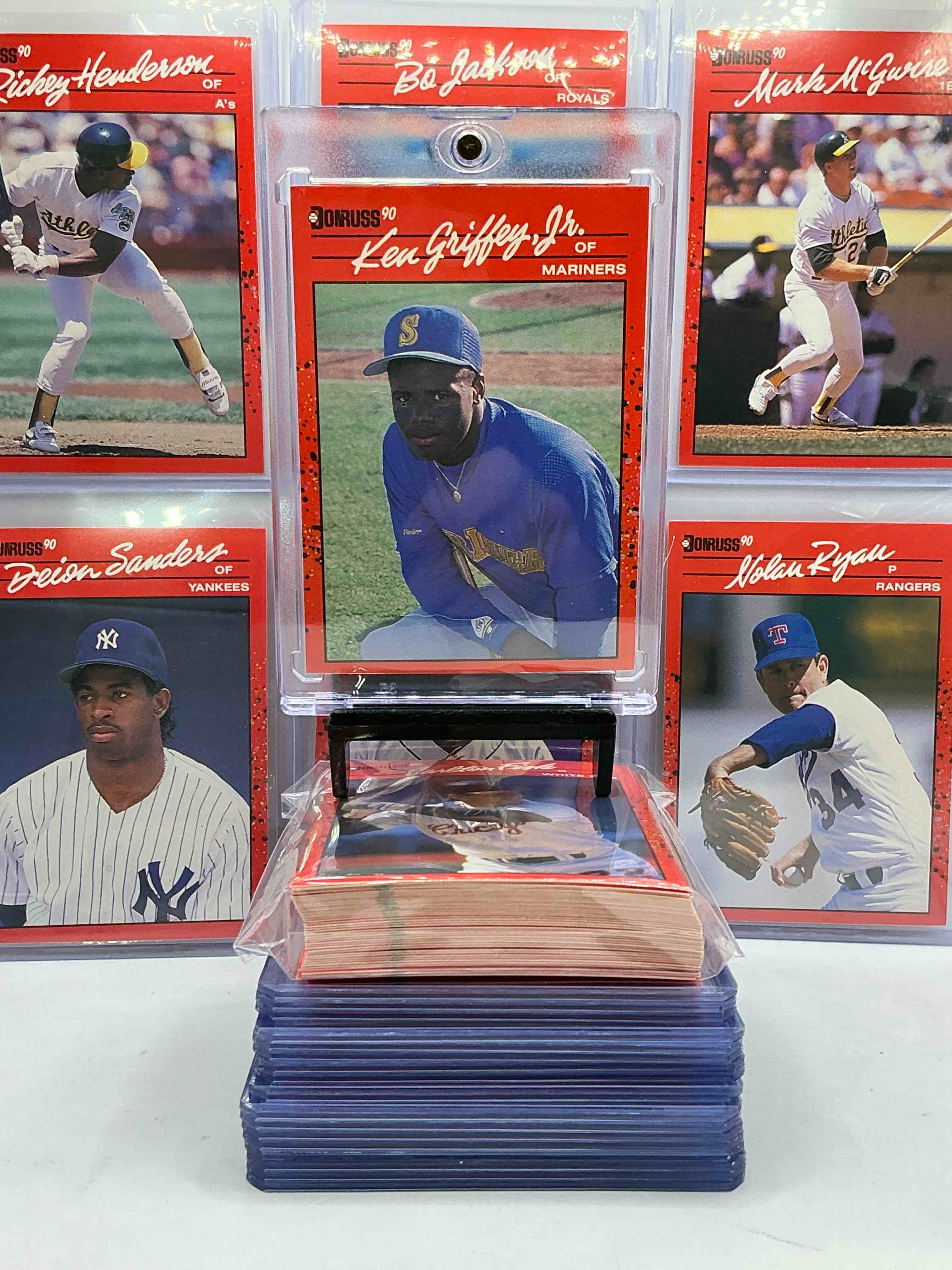 Condition photo showing New/Like New for 1990 Donruss Baseball 50 Card Craziness! KEN GRIFFEY JR, Bo Jackson, Randy Johnson, Barry Bonds, John Smoltz, Kirby Puckett, Tom Glavine, Rickey Henderson, Don Mattingly, Cal Ripken, Wade Boggs, Doc Gooden, Greg Maddux, Fernando Valenzuela, Nolan Ryan, Roger Clemens, George Brett, Tony Gwynn & More! The BEST Players From The Time! Super Rare Set With All Of These Stars! 50 Card Craziness! Legends, Heroes & Commons!