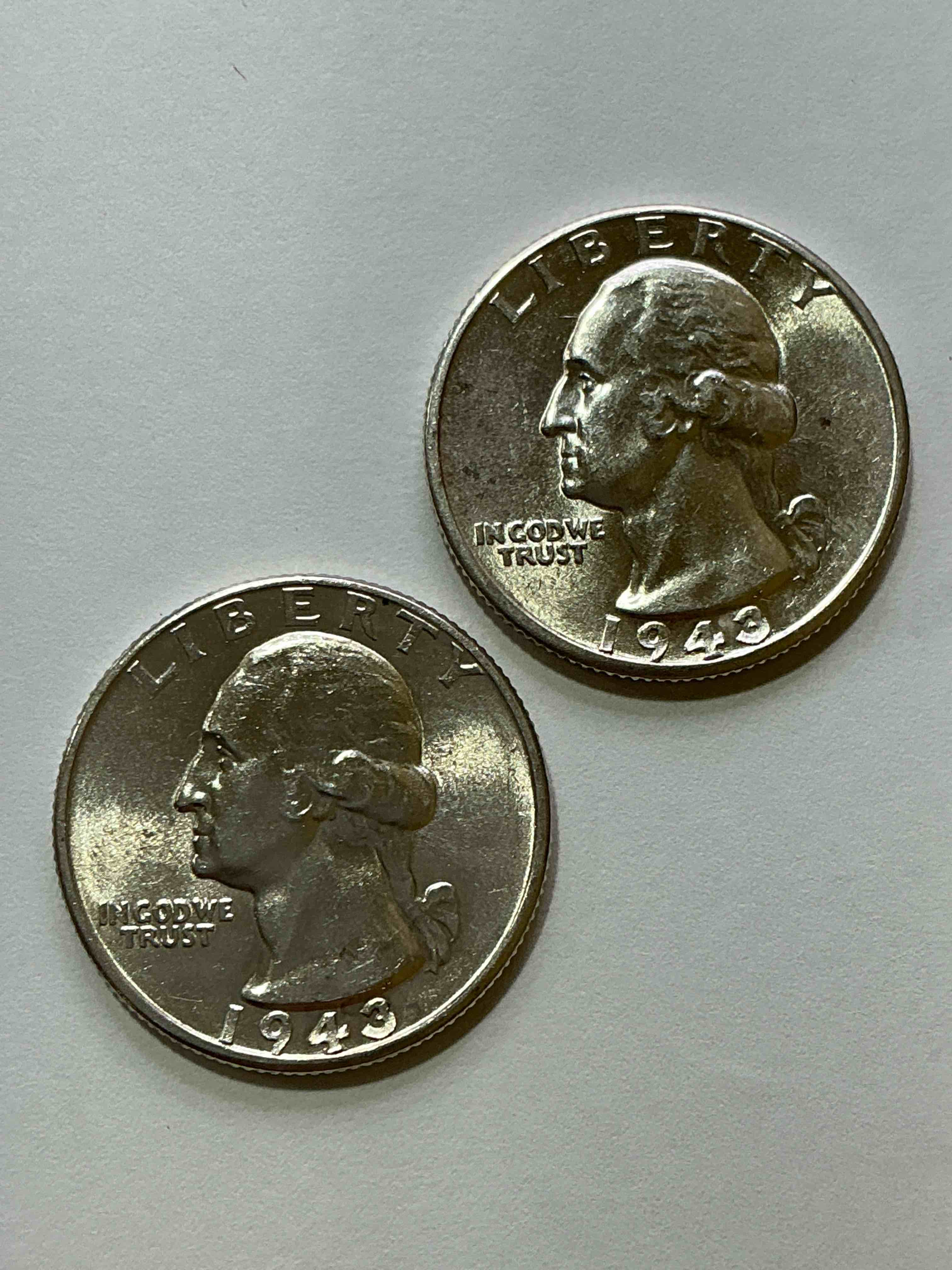 George Washington WWII Brilliant Silver! Pre 1965 U.S. Quarter Dollar Coins Were Actually Silver, Here Are two Great Examples Of Awesome, Pristine George Washington Silver Quarters, Stunning & Circulated! Rare 1943 Mints! Great For Investing In Precious Metals! These Coins Were Minted At 90% Silver and 10% Copper, Giving Them A Net Weight Of .18084 Ounces Of Pure Silver Per Coin! Very Hard To Find, Stunning! Invest In Fine U.S. Silver!