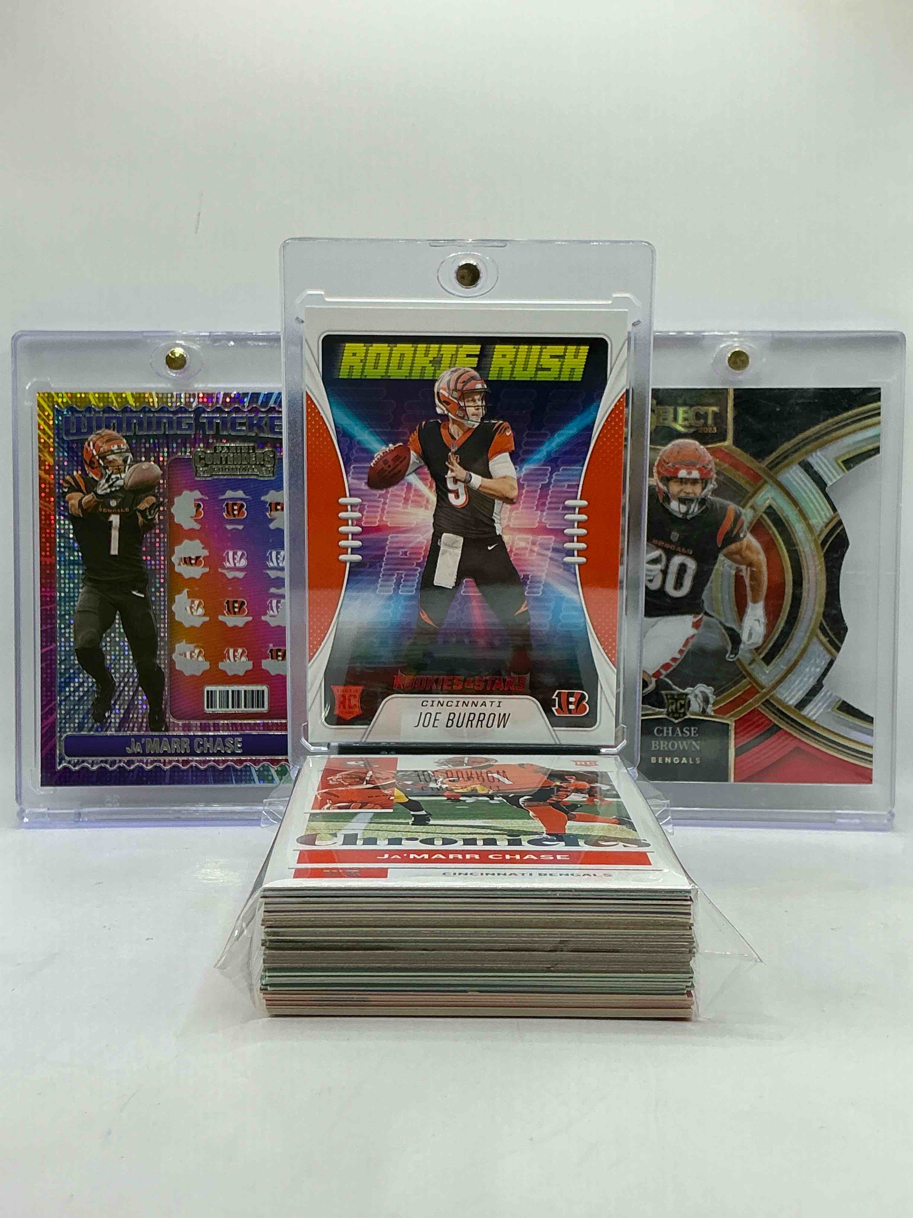Joe Burrow Rookie Rush Rookies & Stars Rookie Card! Ja’marr Chase Winning Ticket & Chase Brown Diecut Select Rookie! This Bengals Lot Is 50 Cards & Rare! Rookies & Legends, From All Different Years & Brands! WOW!