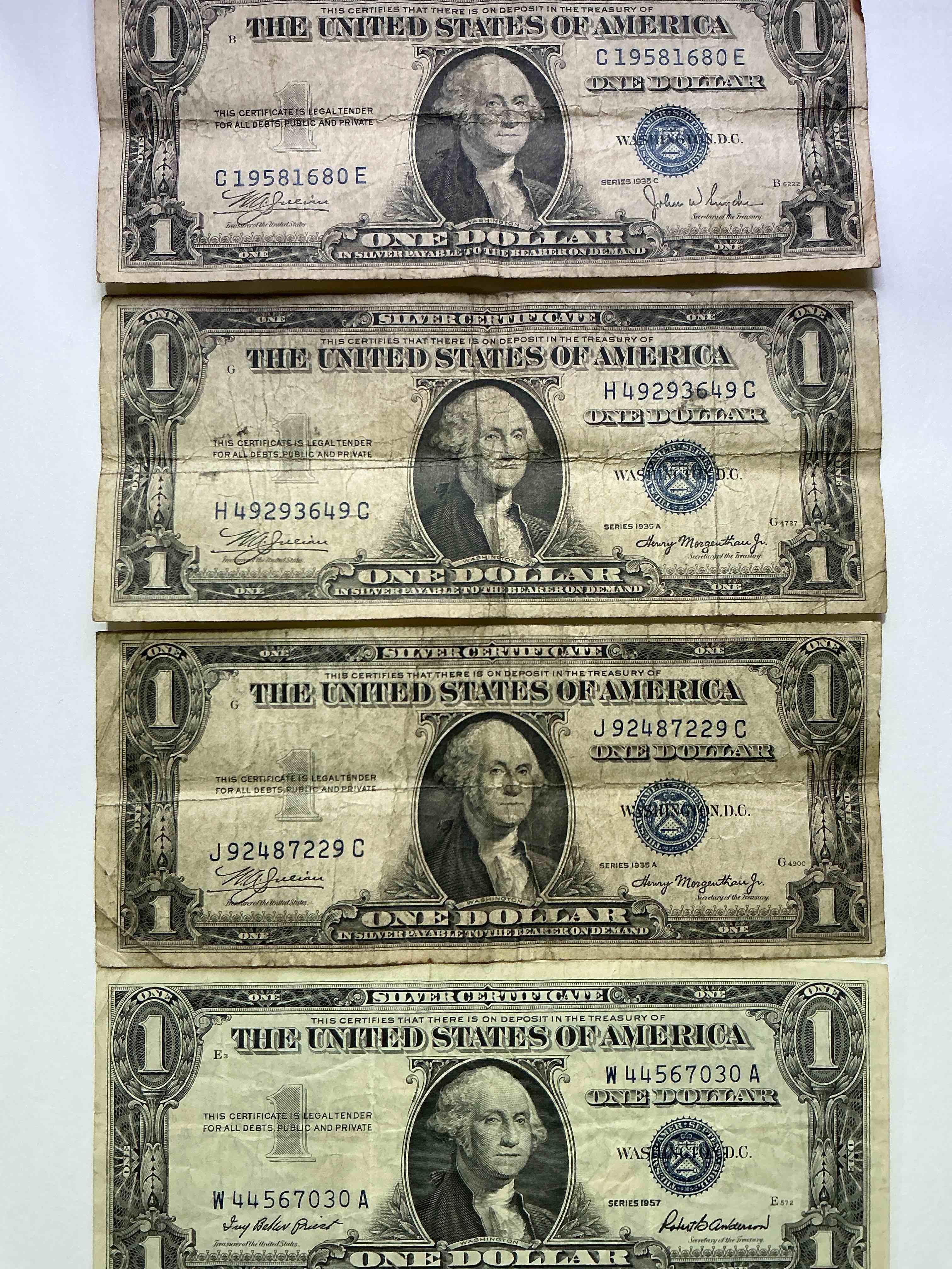 1957 & 1935 Silver Certificates! Did You Know That Prior To 1964 One Dollar U.S. Paper Money Was Actually Redeemable For Silver Dollars?! Wow How Times Have Changed! Silver Certificates Were Produced From 1878 To 1964 & Are Still Considered Legal Tender At Face Value. Here Are Gorgeous, Circulated 1935 & 1957 U.S. One Dollar Silver Certificate, With Highly Collectible "Blue Seal!* Own An Awesome Piece Of History!