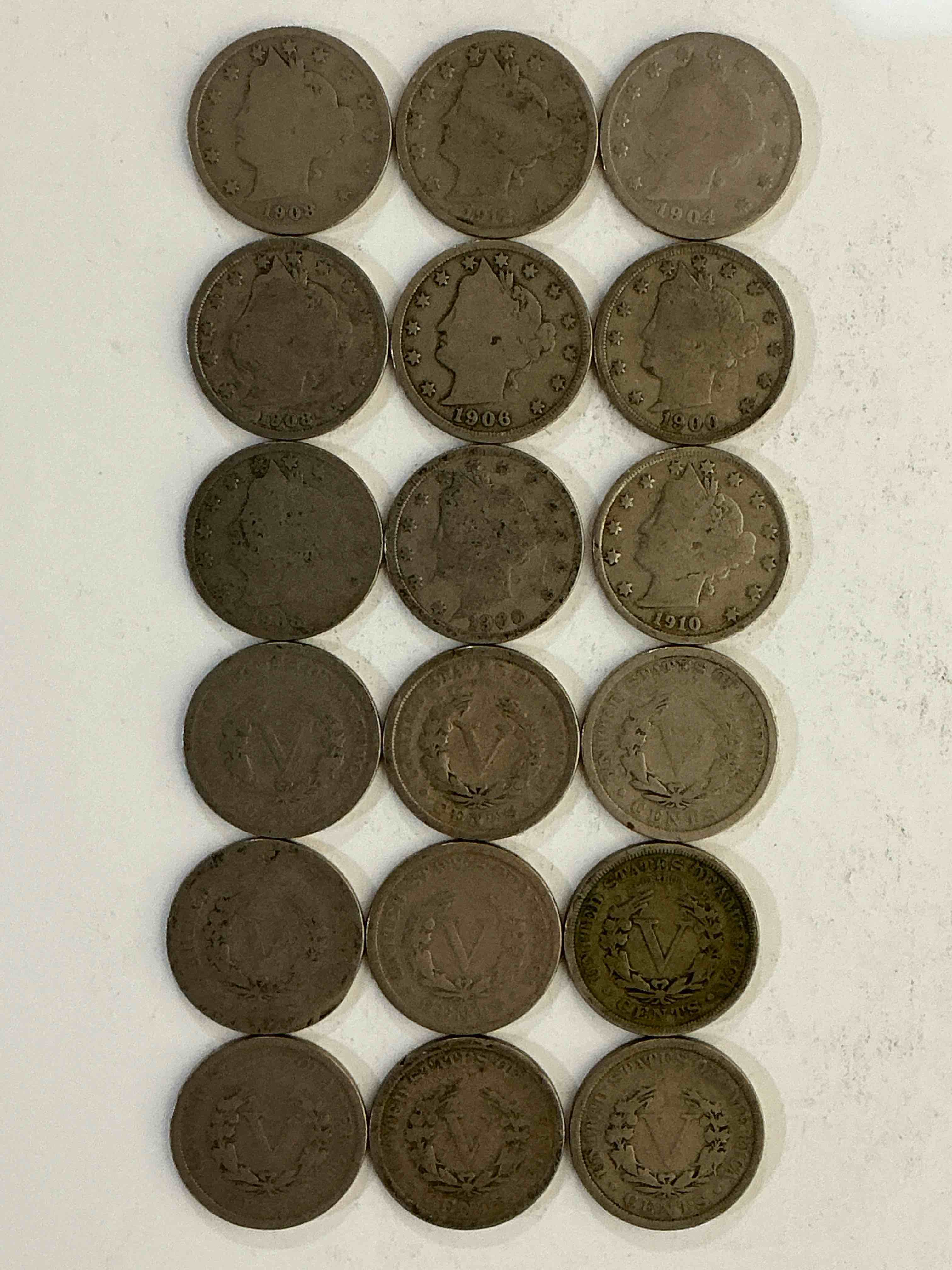 Condition photo showing Good Condition for Antique U.S. V Nickels! Think Of The History These Coins Have Seen!, Liberty Head V Nickels Were Minted Up Until 1913 & Were The Style Of Nickels Before Buffalo Nickels. Own Some Cool Pieces Of History! Rare To See These Coins With The "Date On" In Circulated Condition!