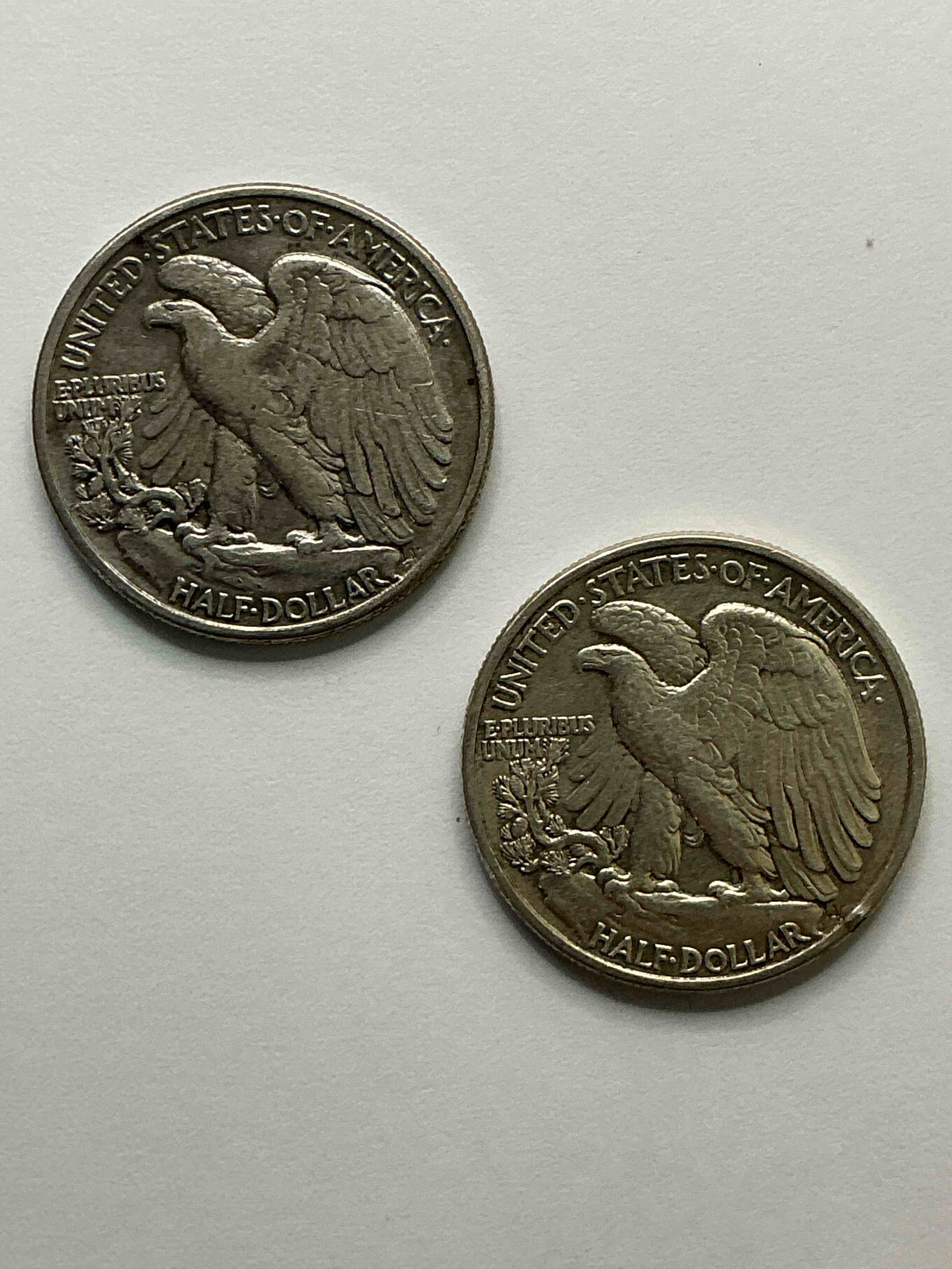 Condition photo showing Good Condition for World War II Era Silver! Antique U.S. Silver! Liberty Walking Silver Fine U.S. Silver Half Dollar! These Striking Half Dollars Were Minted From 1916-1947 & Have Become Some Of The Most Collectible Coins In History! Here Are Striking Circulated Examples From 1942 & 1943! Circulated! Liberty Walking Coins Are 90% Fine U.S. Silver, A Great Investment In Precious Metal!