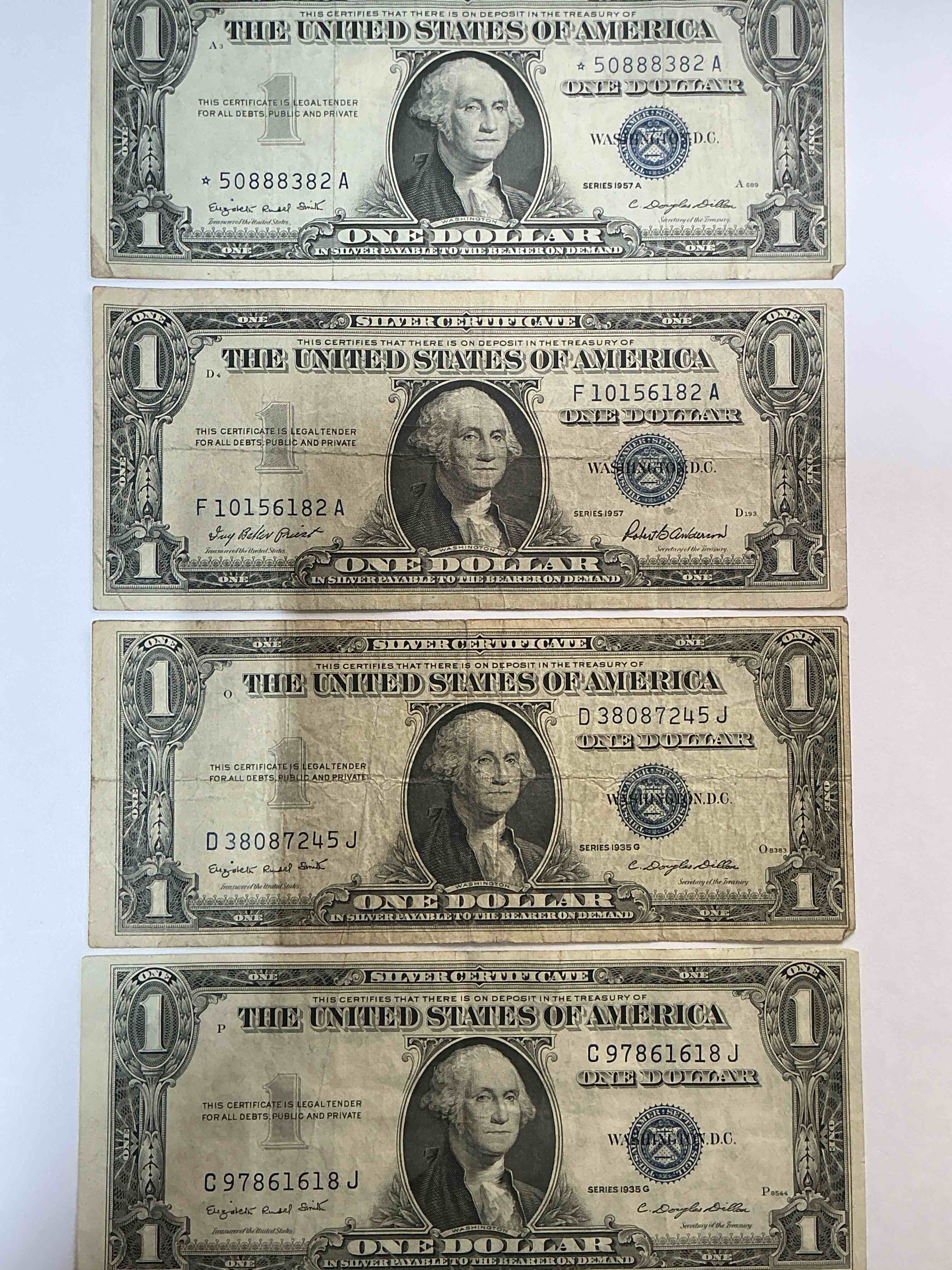 1957 and 1935 Series Silver Certificates! Did You Know That Prior To 1964 One Dollar U.S. Paper Money Was Actually Redeemable For Silver Dollars?! Wow How Times Have Changed! Silver Certificates Were Produced From 1878 To 1964 & Are Still Considered Legal Tender At Face Value. Here Are Gorgeous, Circulated 1957 U.S. One Dollar Silver Certificate, With Highly Collectible "Blue Seal!* Own An Awesome Piece Of History!