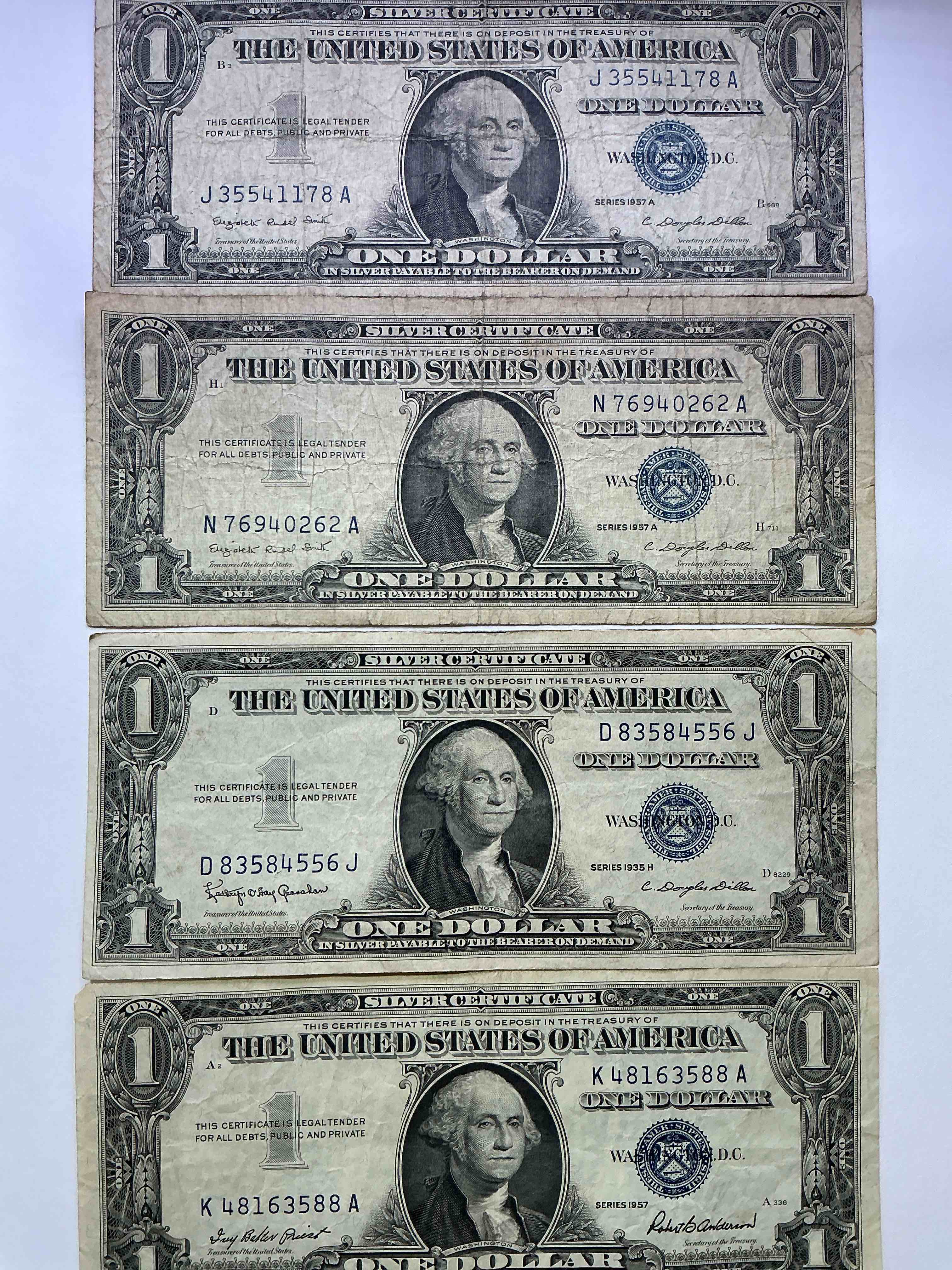 1957 & 1935 Silver Certificates! Did You Know That Prior To 1964 One Dollar U.S. Paper Money Was Actually Redeemable For Silver Dollars?! Wow How Times Have Changed! Silver Certificates Were Produced From 1878 To 1964 & Are Still Considered Legal Tender At Face Value. Here Are Gorgeous, Circulated 1935 & 1957 U.S. One Dollar Silver Certificate, With Highly Collectible "Blue Seal!* Own An Awesome Piece Of History!