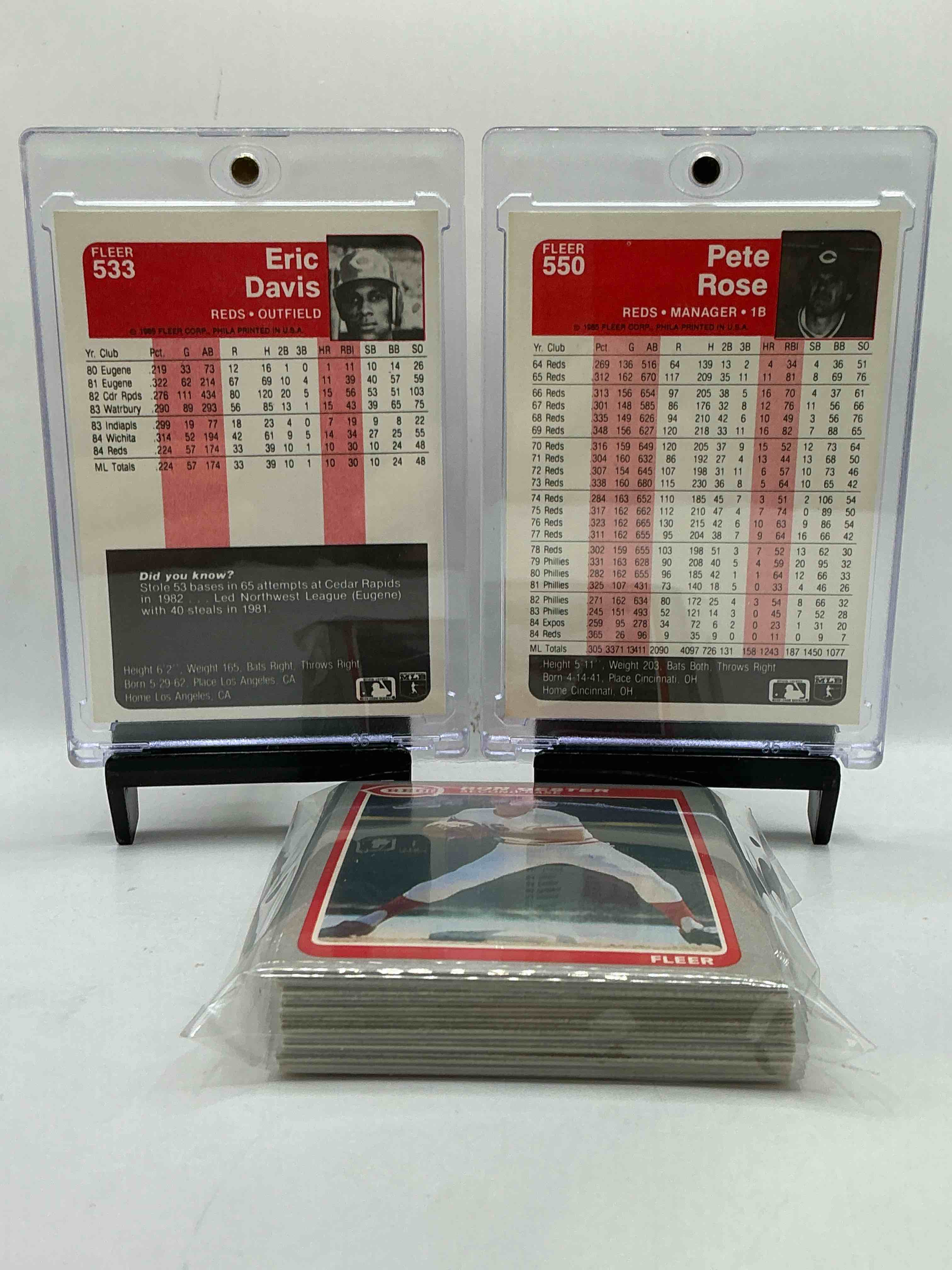 Condition photo showing New/Like New for Pete Rose & Eric Davis! WOW! 1985 Fleer Reds Team Set! This 24 Card Lot Includes Legends, Heroes, Reds Cards & More! Crazy Reds Lot Team Set! Ron Oester, Cesar Cedano & More!