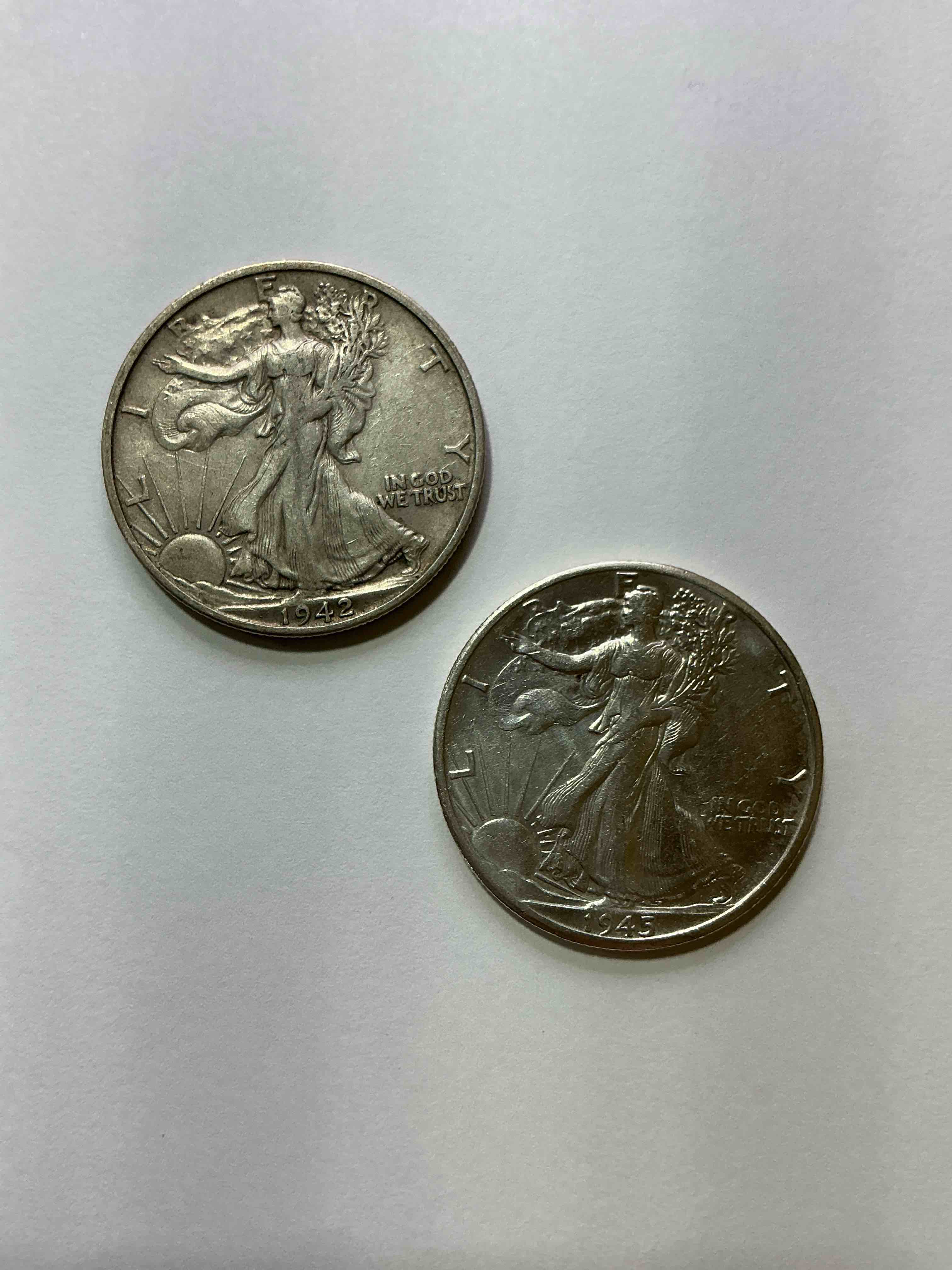 World War II Era Silver! Antique U.S. Silver! Liberty Walking Silver Fine U.S. Silver Half Dollar! This Striking Half Dollars Were Minted From 1916-1947 & Have Become Some Of The Most Collectible Coins In History! Here Is A Striking Circulated Example From 1942 & 1945! Circulated! Liberty Walking Coins Are 90% Fine U.S. Silver, A Great Investment In Precious Metal!