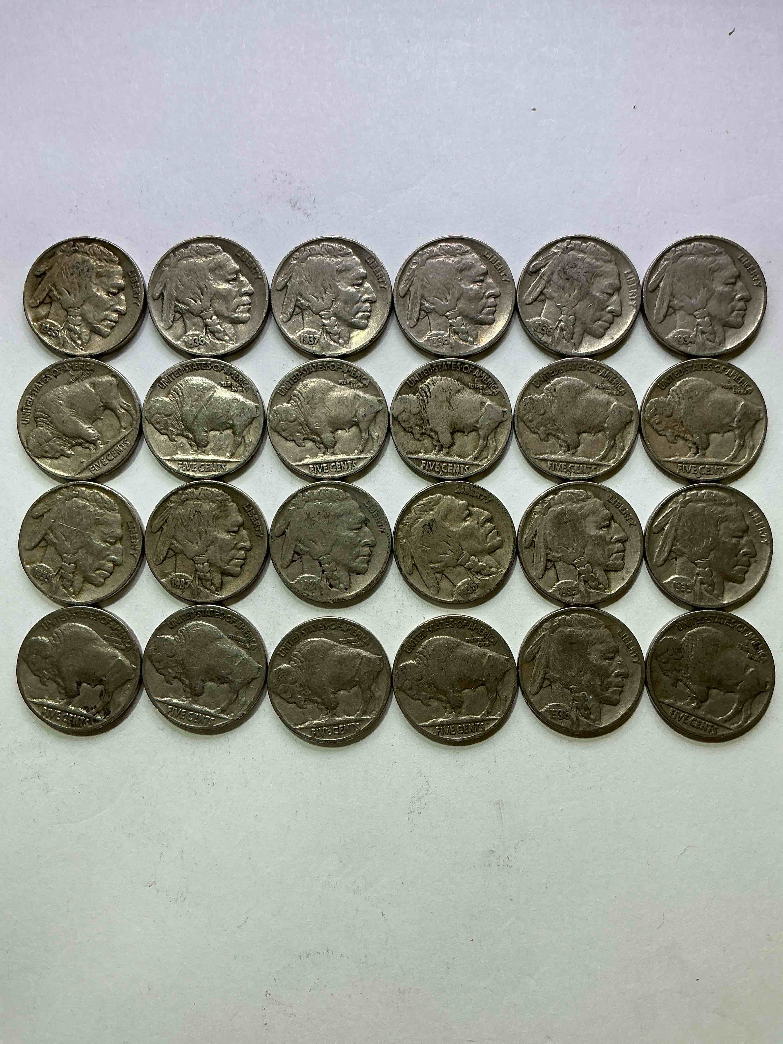 Condition photo showing Good Condition for Historic Buffalo Nickels! Indian Head Buffalo Nickels Were Minted From 1913 To 1938 & Have Become A Favorite For Coin Collectors Around The World! Own Pieces Of American History With These Cool Indian Head Buffalo Nickels In Circulated Condition, Most With Visible Dates Which Is Very Rare For Buffalo Nickels!