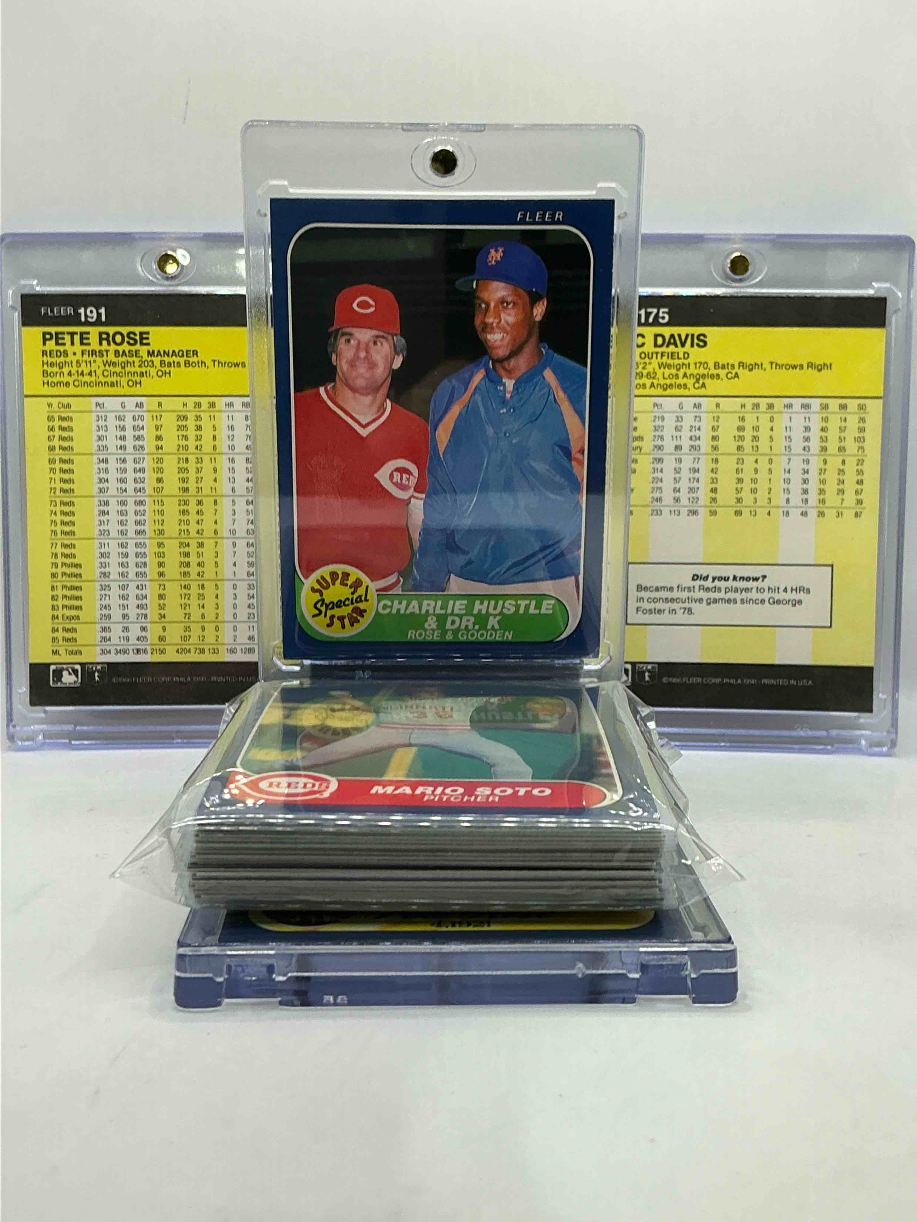 Condition photo showing New/Like New for 1986 Fleer Baseball REDS Complete Set! 29 Card Reds Set, Including Pete Rose Card! Legends Like Pete Rose, Eric Davis & So Many More! Perfect For Any Reds Fan! These Cards Are Rare & Hard To Come By!