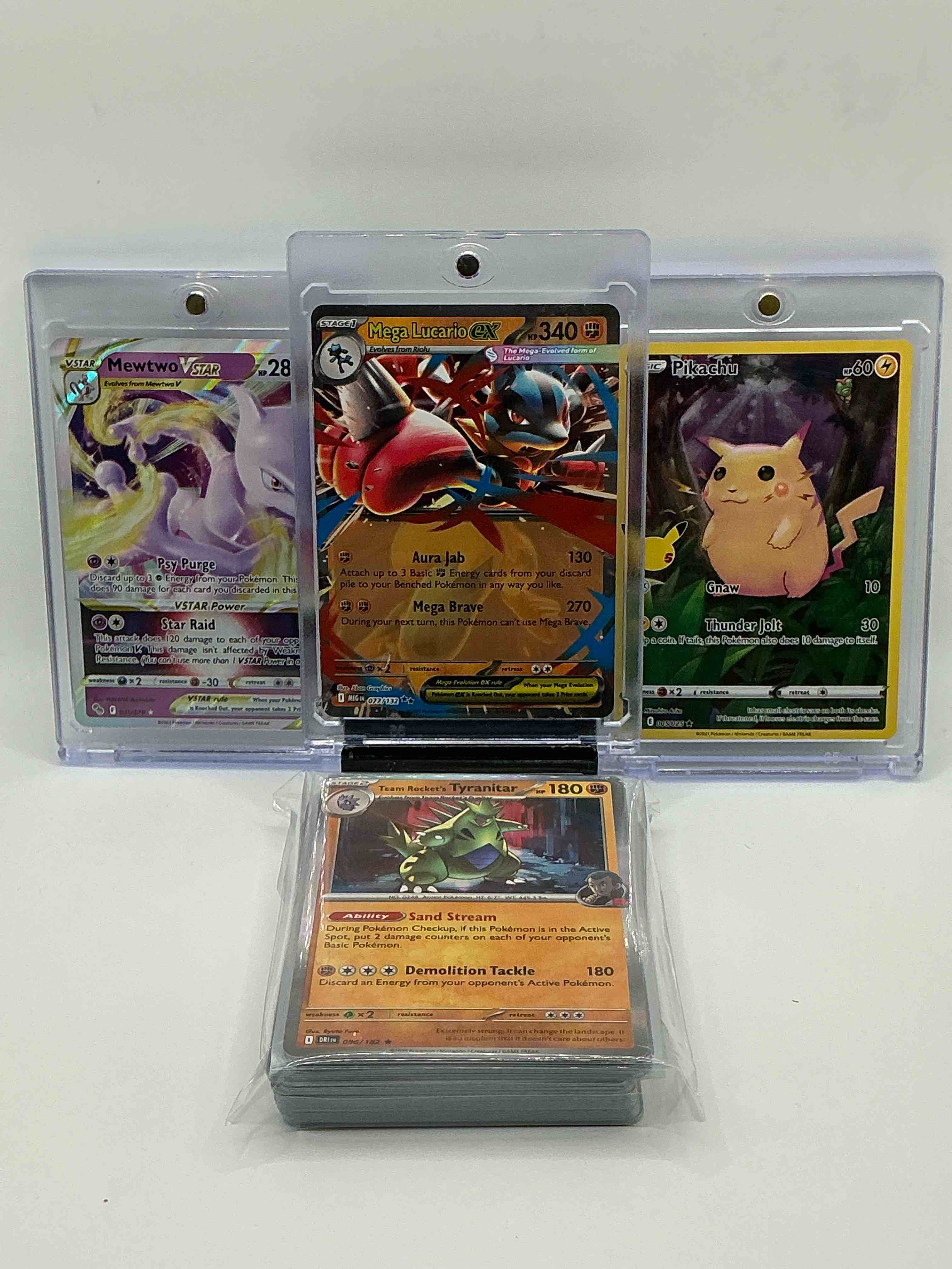 Pokémon Palooza! Orange Holographic Aura Jab Mega Brave Mega Lucario EX, Purple & Gold Holographic  Psy Purge Star Raid Mewtwo, Forrest Green Gnaw Thunder Jolt Pikachu! Along With 50 Other Pokémon Holos, Heroes & Commons!