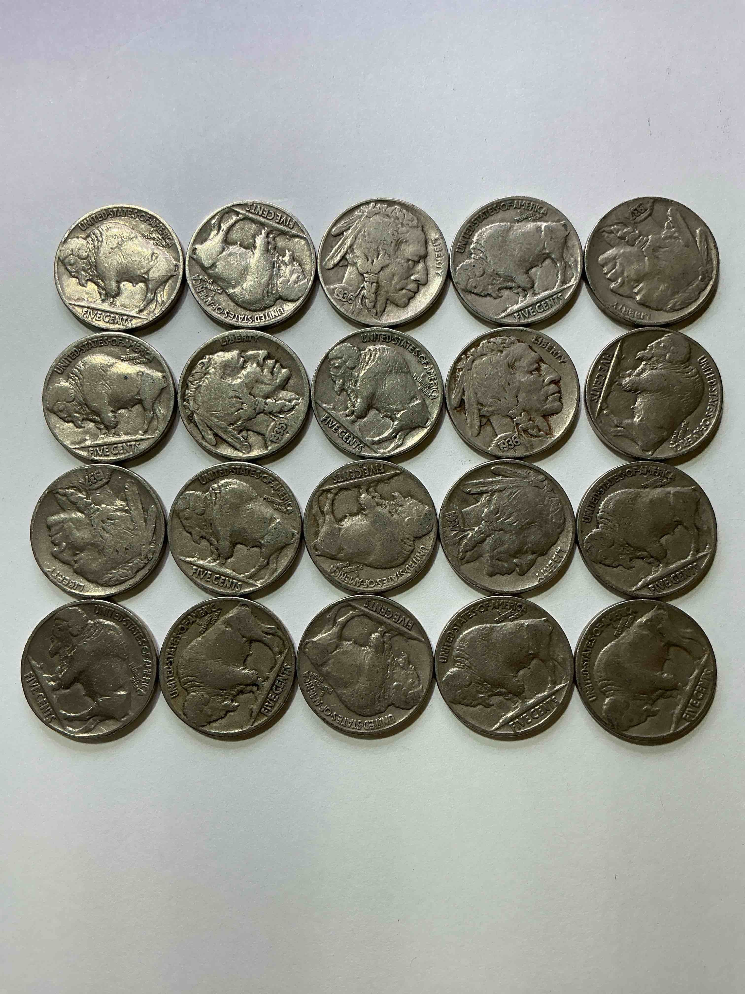 Condition photo showing Good Condition for Historic Buffalo Nickels! Indian Head Buffalo Nickels Were Minted From 1913 To 1938 & Have Become A Favorite For Coin Collectors Around The World! Own Pieces Of American History With These Cool Indian Head Buffalo Nickels In Circulated Condition, Most With Visible Dates Which Is Very Rare For Buffalo Nickels!