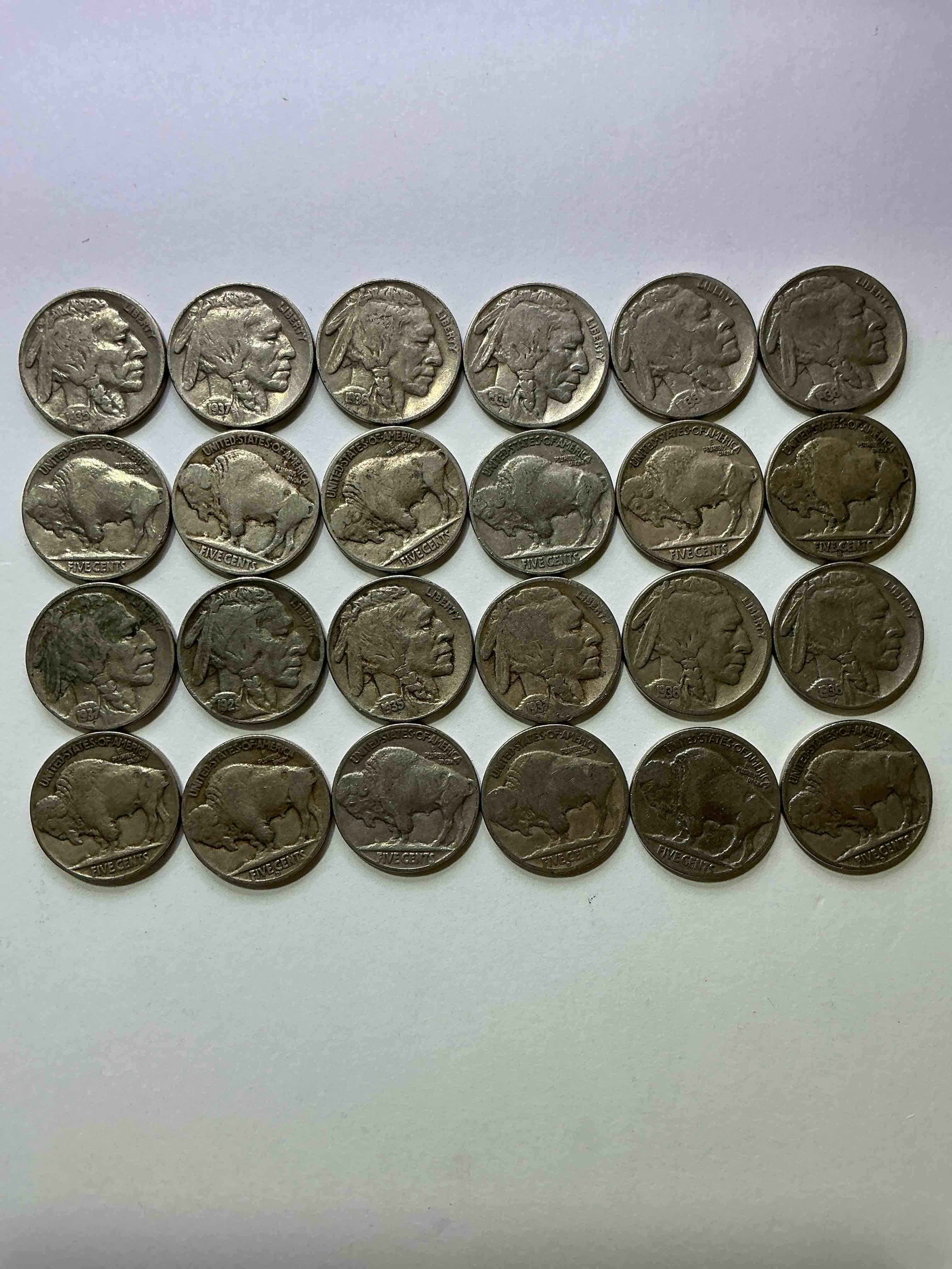 Condition photo showing Good Condition for Historic Buffalo Nickels! Indian Head Buffalo Nickels Were Minted From 1913 To 1938 & Have Become A Favorite For Coin Collectors Around The World! Own Pieces Of American History With These Cool Indian Head Buffalo Nickels In Circulated Condition, Most With Visible Dates Which Is Very Rare For Buffalo Nickels!