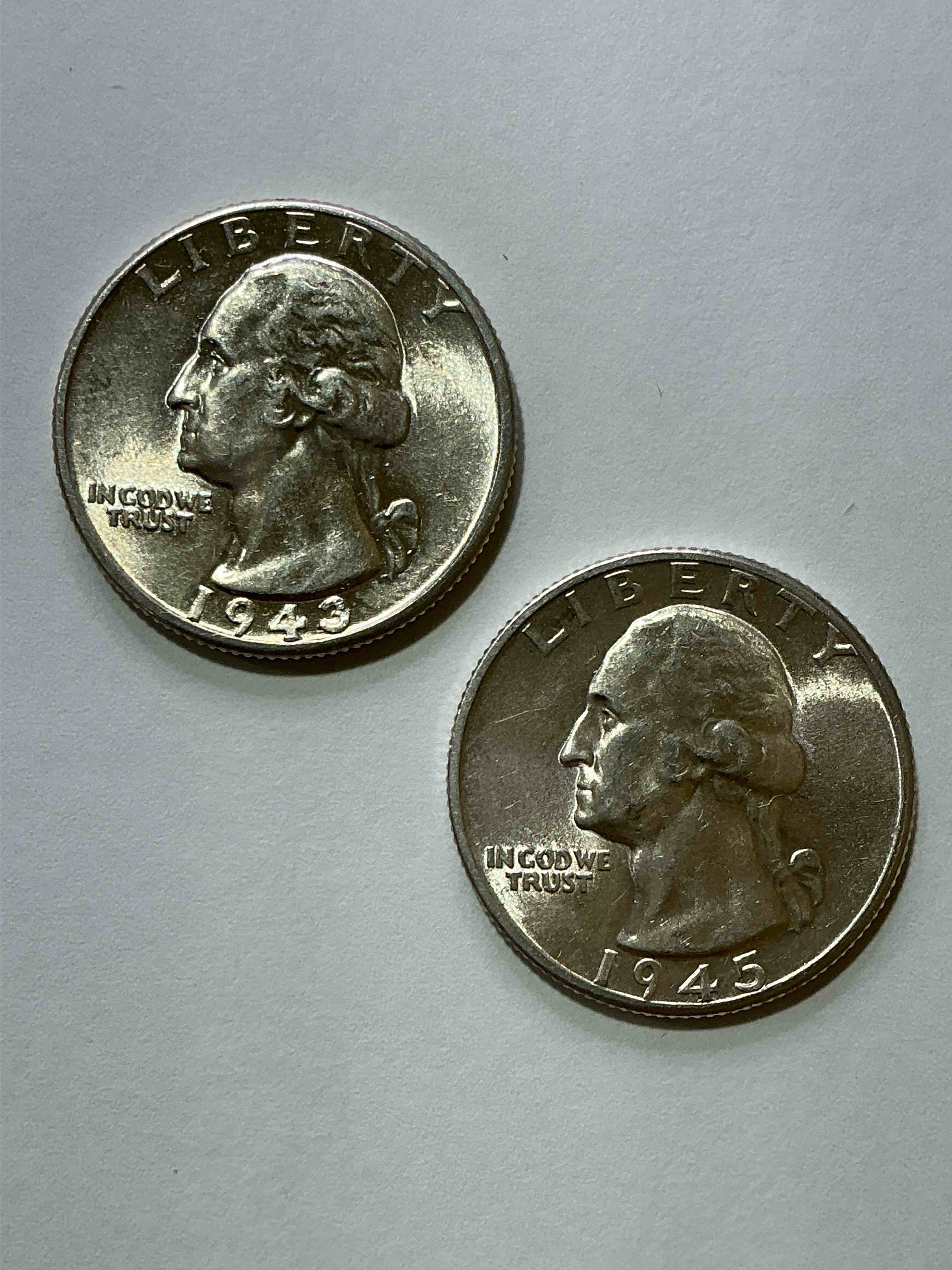 George Washington Brilliant Circulated World War II Silver! Pre 1965 U.S. Quarter Dollar Coins Were Actually Silver, Here Are two Great Examples Of Awesome, Pristine George Washington Silver Quarters, Stunning & Unirculated! Rare Mints! Great For Investing In Precious Metals! These Coins Were Minted At 90% Silver and 10% Copper, Giving Them A Net Weight Of .18084 Ounces Of Pure Silver Per Coin! Very Hard To Find, Stunning! Invest In Fine U.S. Silver!