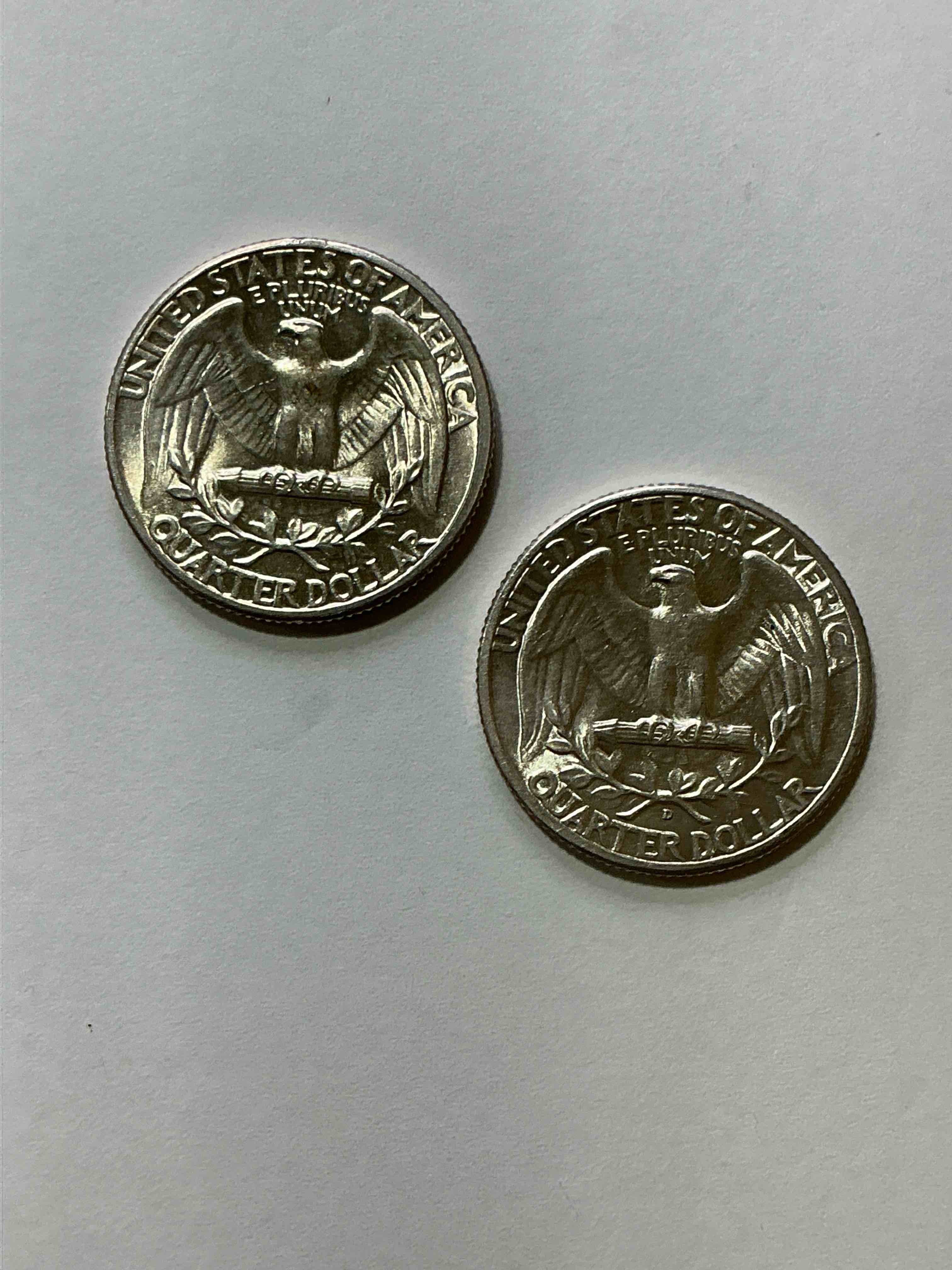 Condition photo showing New/Like New for George Washington Brilliant Circulated World War II Silver! Pre 1965 U.S. Quarter Dollar Coins Were Actually Silver, Here Are two Great Examples Of Awesome, Pristine George Washington Silver Quarters, Stunning & Unirculated! Rare Mints! Great For Investing In Precious Metals! These Coins Were Minted At 90% Silver and 10% Copper, Giving Them A Net Weight Of .18084 Ounces Of Pure Silver Per Coin! Very Hard To Find, Stunning! Invest In Fine U.S. Silver!