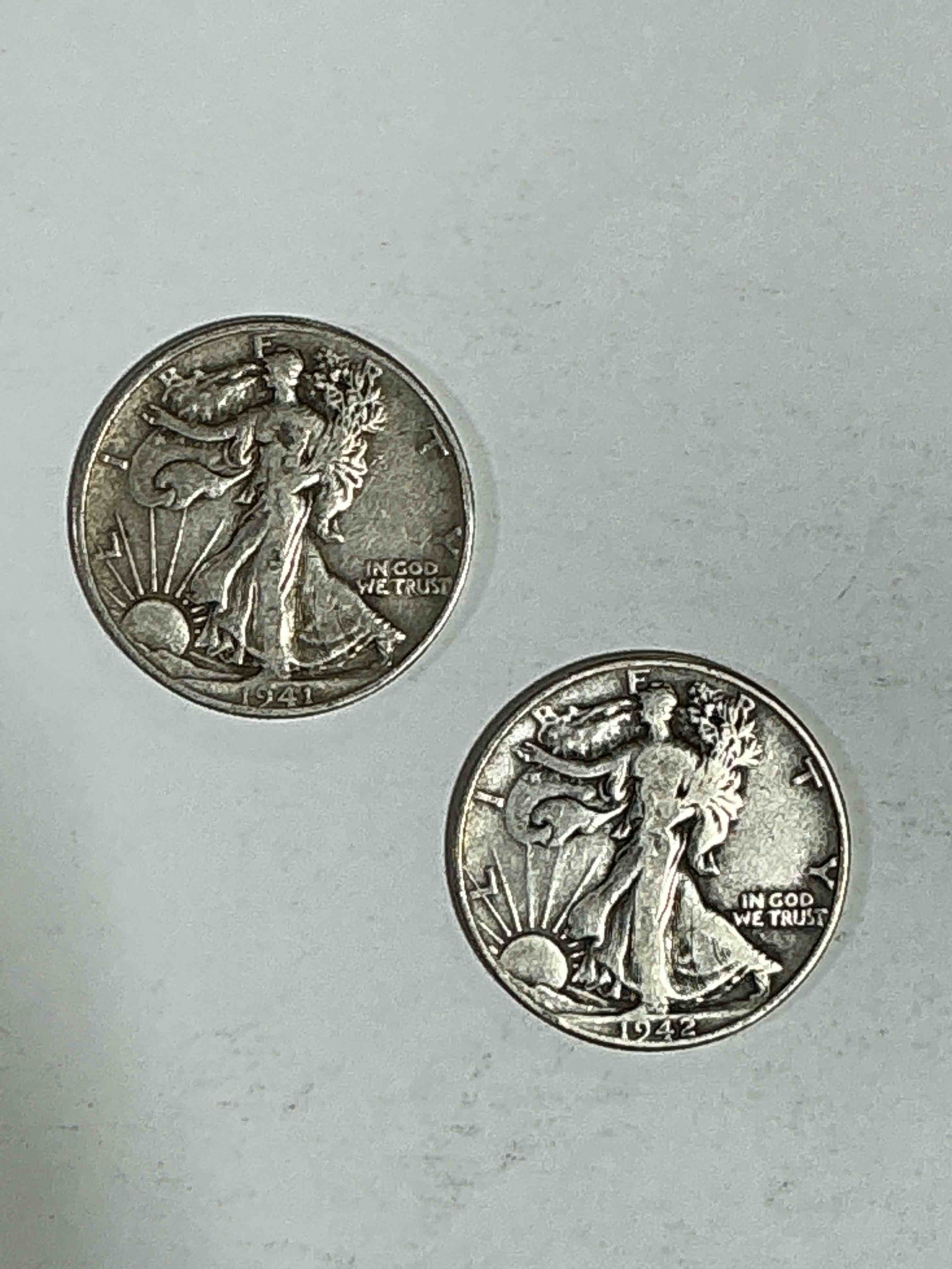 World War II Era Silver! Antique U.S. Silver! Liberty Walking Silver Fine U.S. Silver Half Dollar! These Striking Half Dollars Were Minted From 1916-1947 & Have Become Some Of The Most Collectible Coins In History! Here Are Striking Circulated Examples From 1942 & 1941! Circulated! Liberty Walking Coins Are 90% Fine U.S. Silver, A Great Investment In Precious Metal!