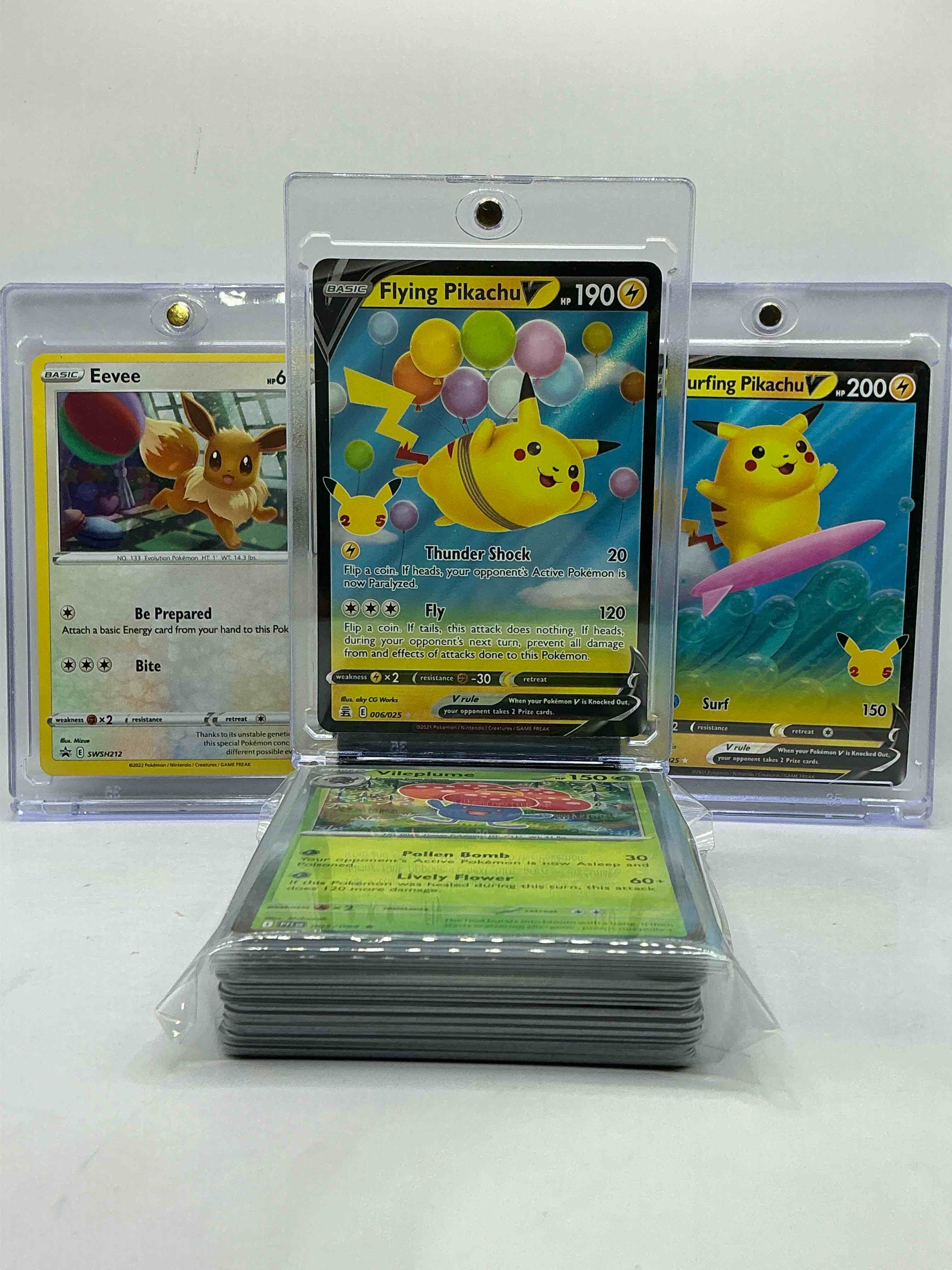 Flying & Surfing Pikachu V, Along With Eevee Holo & More! 50 Card Craziness! Pokémon Party! This 50 Card Lot Includes, Commons, Heroes, Legends & More!