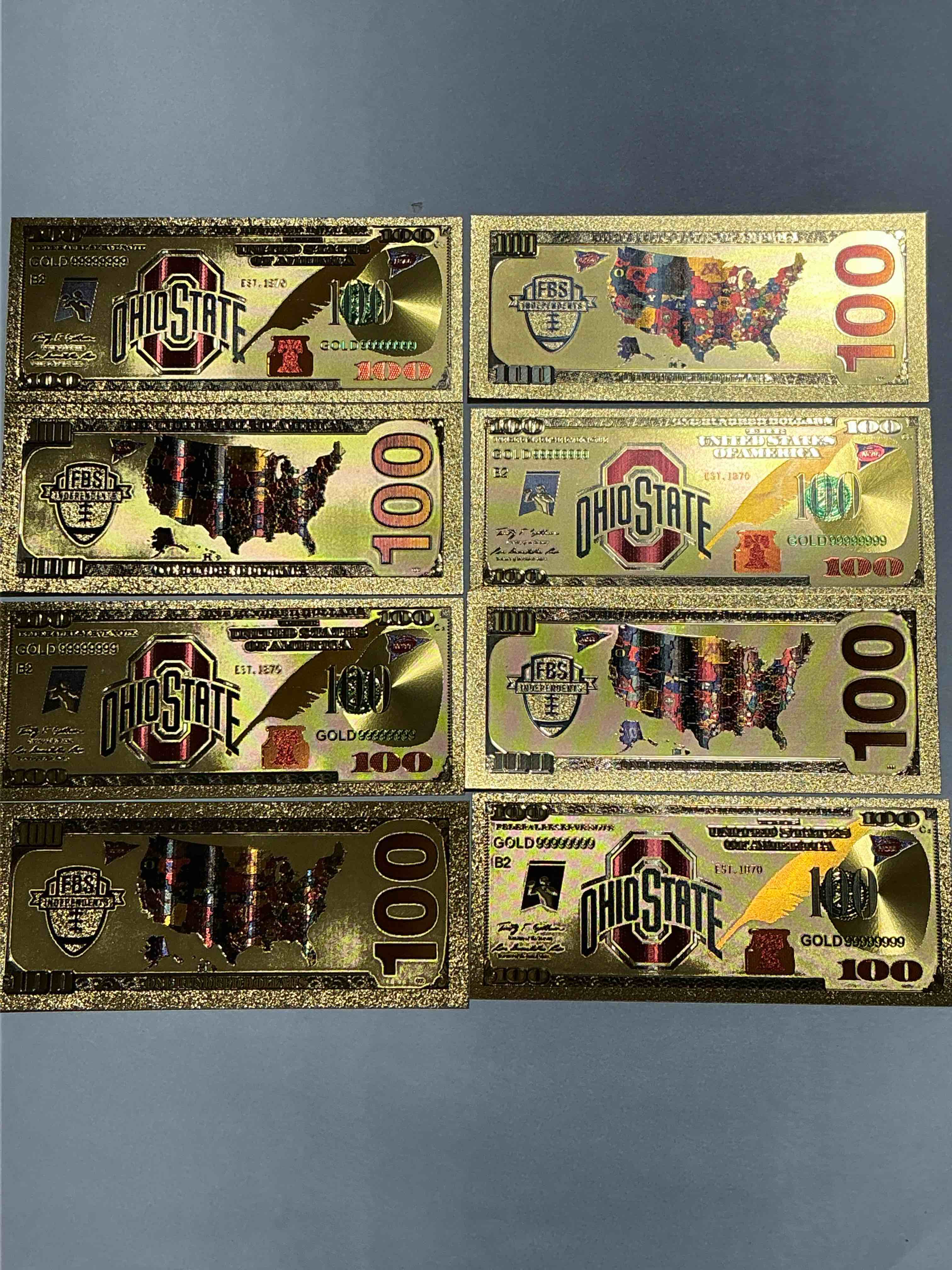 Ohio State University Collectible Memorabilia! Super Cool, Gold In Color 100 Dollar Commemorative Ohio State University Bill! Cool Designs On Front & Back Of Bill! OSU Fans Rejoice, Cool Memorabilia! Plastic Bills With Cool Designs! 