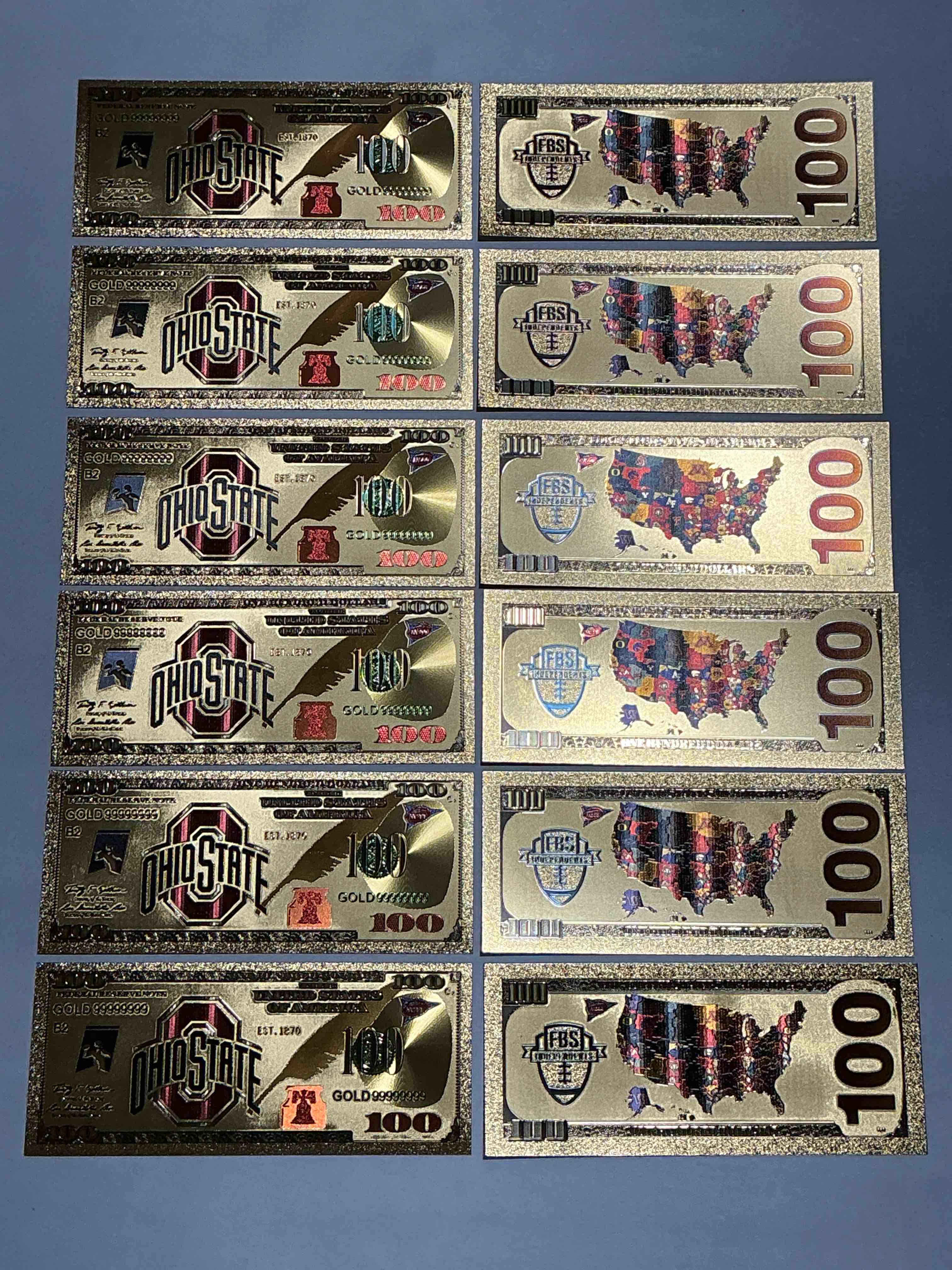Ohio State University Collectible Memorabilia! Super Cool, Gold In Color 100 Dollar Commemorative Ohio State University Bill! Cool Designs On Front & Back Of Bill! OSU Fans Rejoice, Cool Memorabilia! Plastic Bills With Cool Designs! 