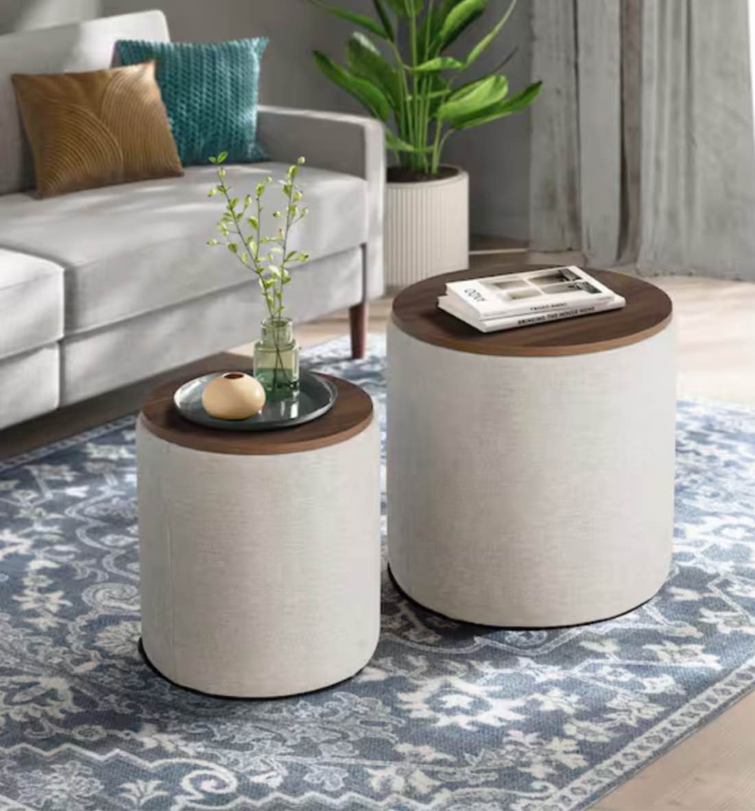 Atlanta Beige Linen Round Nesting 2-Piece Storage Ottoman