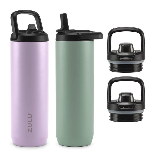 zulu base stainless steel water bottle with lids., 2 pack 24oz each, includes 2 extra lids